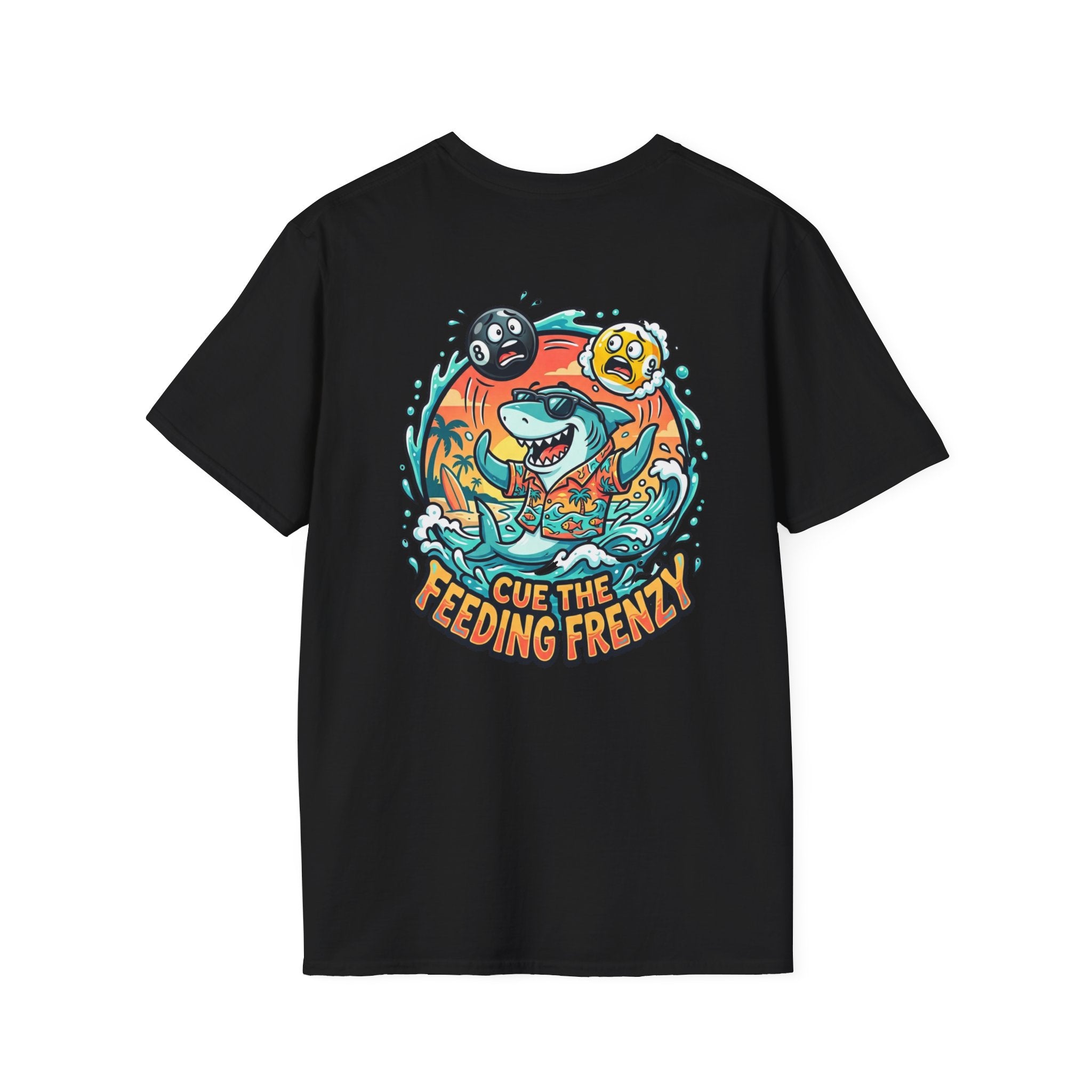 Cue the Feeding Frenzy Shark Billiards T-Shirt | Tropical Pool Player Graphic Tee | Front & Back Print