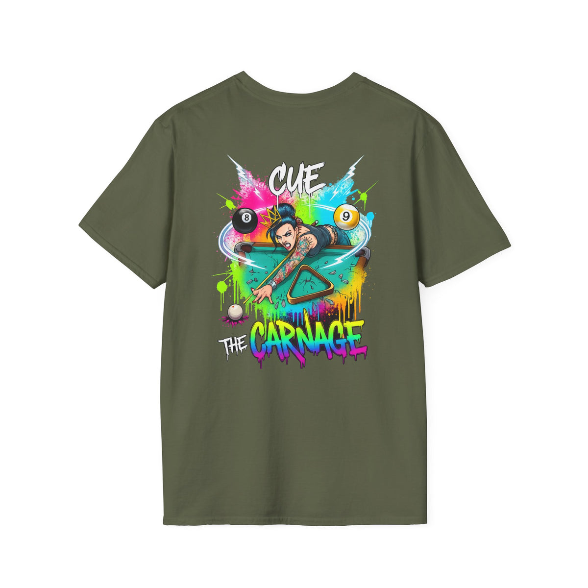 Cue the Carnage Funny Billiards T-Shirt – Tattooed Pool Shark Graphic Tee | Front & Back Print