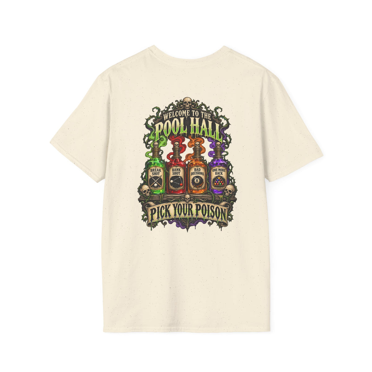 Pick Your Poison – Halloween Billiards T-Shirt – Front & Back Pool Tee | CCS-HST-003