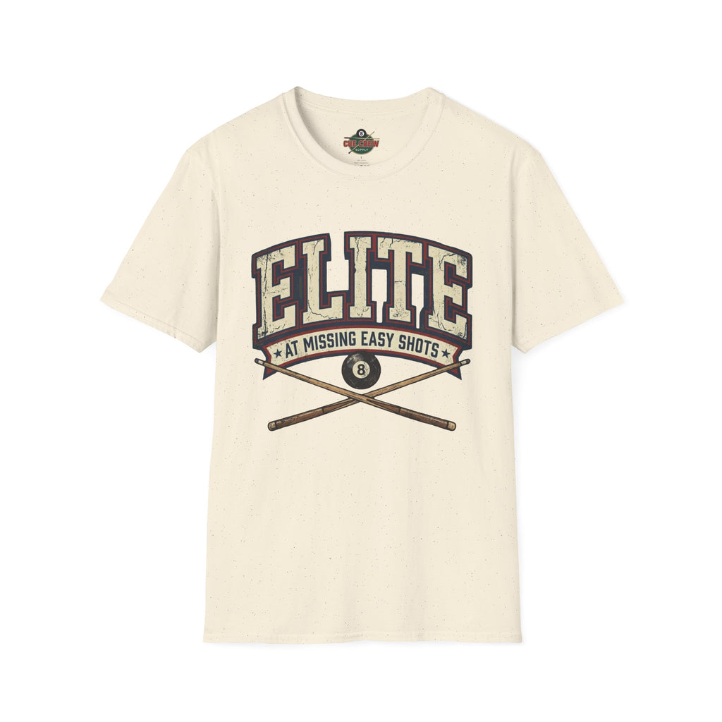Elite at Missing Easy Shots V2 Funny Billiards T-Shirt | Vintage 8 Ball Pool Player Graphic Unisex Tee