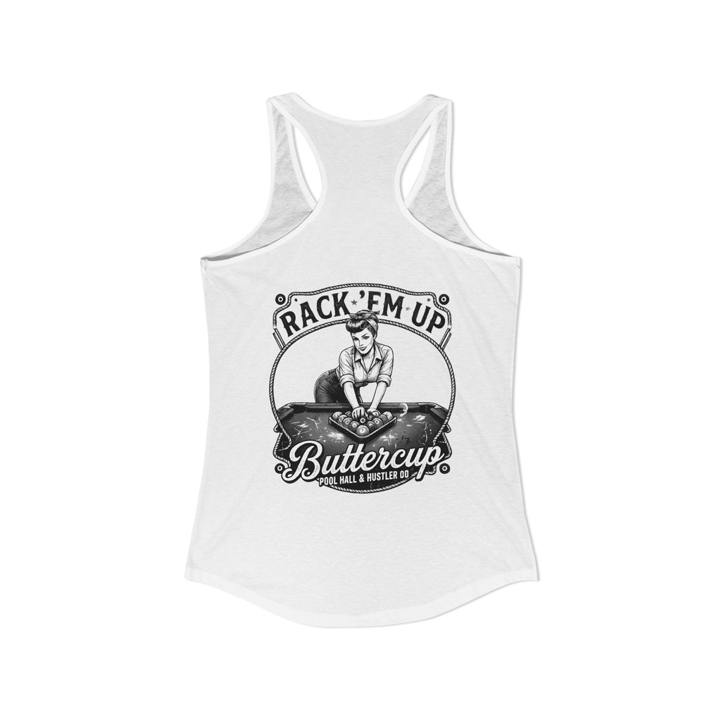 Rack 'Em Up Buttercup Women's Racerback Tank Top | Vintage Pool Hall Billiards Graphic Tank | Cue Crew Supply