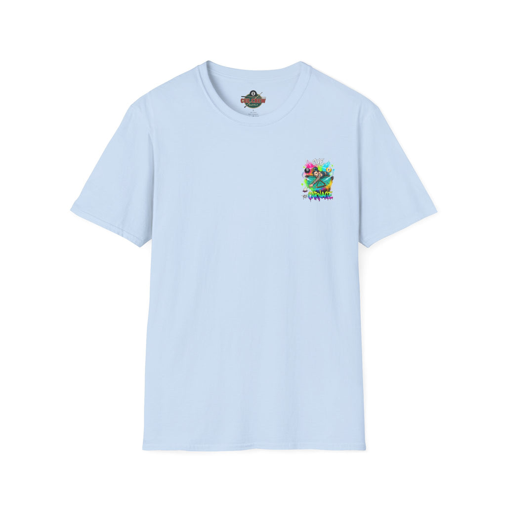 Cue the Carnage Funny Billiards T-Shirt – Tattooed Pool Shark Graphic Tee | Front & Back Print