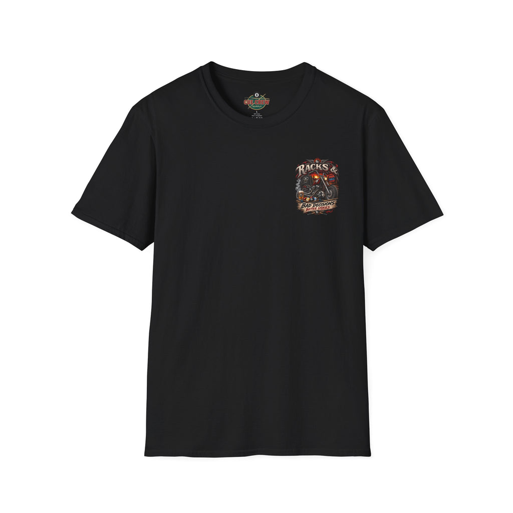 Racks & Bad Decisions Better Stories – Biker Billiards T-Shirt – Front & Back Pool Tee