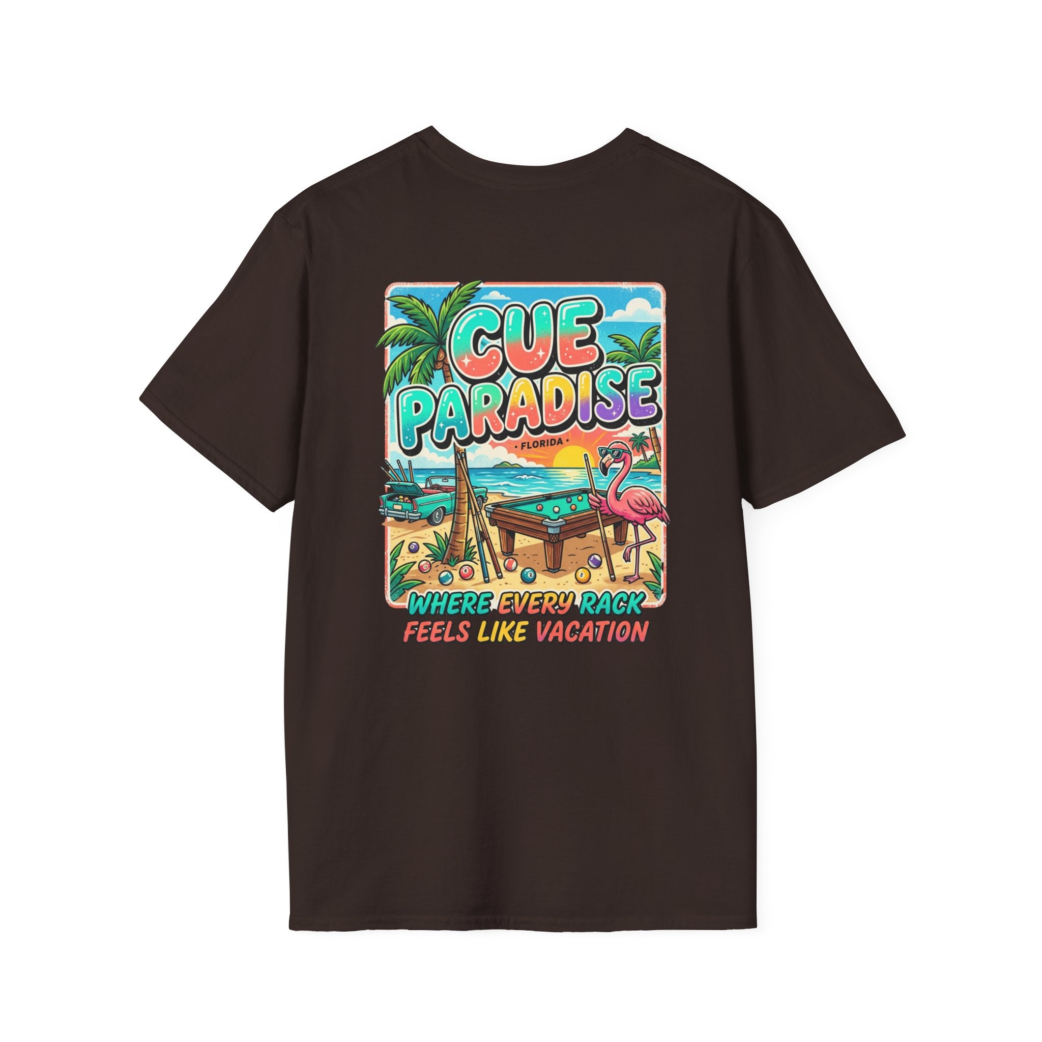 Cue Paradise Florida Billiards T-Shirt | Tropical Pool Player Beach Graphic Tee | Front & Back Print