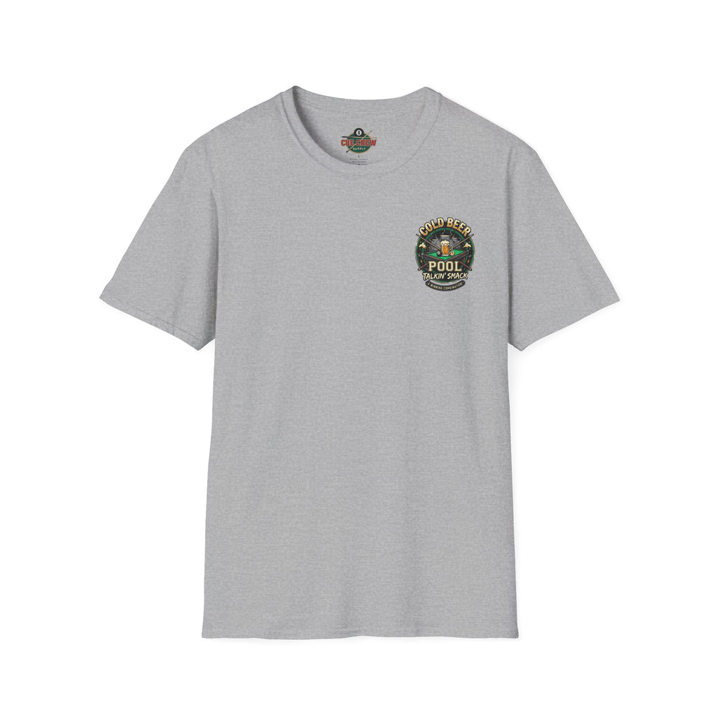 Cold Beer, Pool & Talkin' Smack Billiards T-Shirt | Funny Pool Player Graphic Tee | Front & Back Print