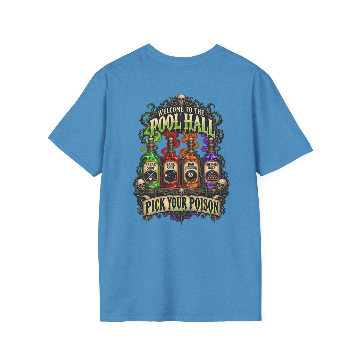 Pick Your Poison – Halloween Billiards T-Shirt – Front & Back Pool Tee | CCS-HST-003