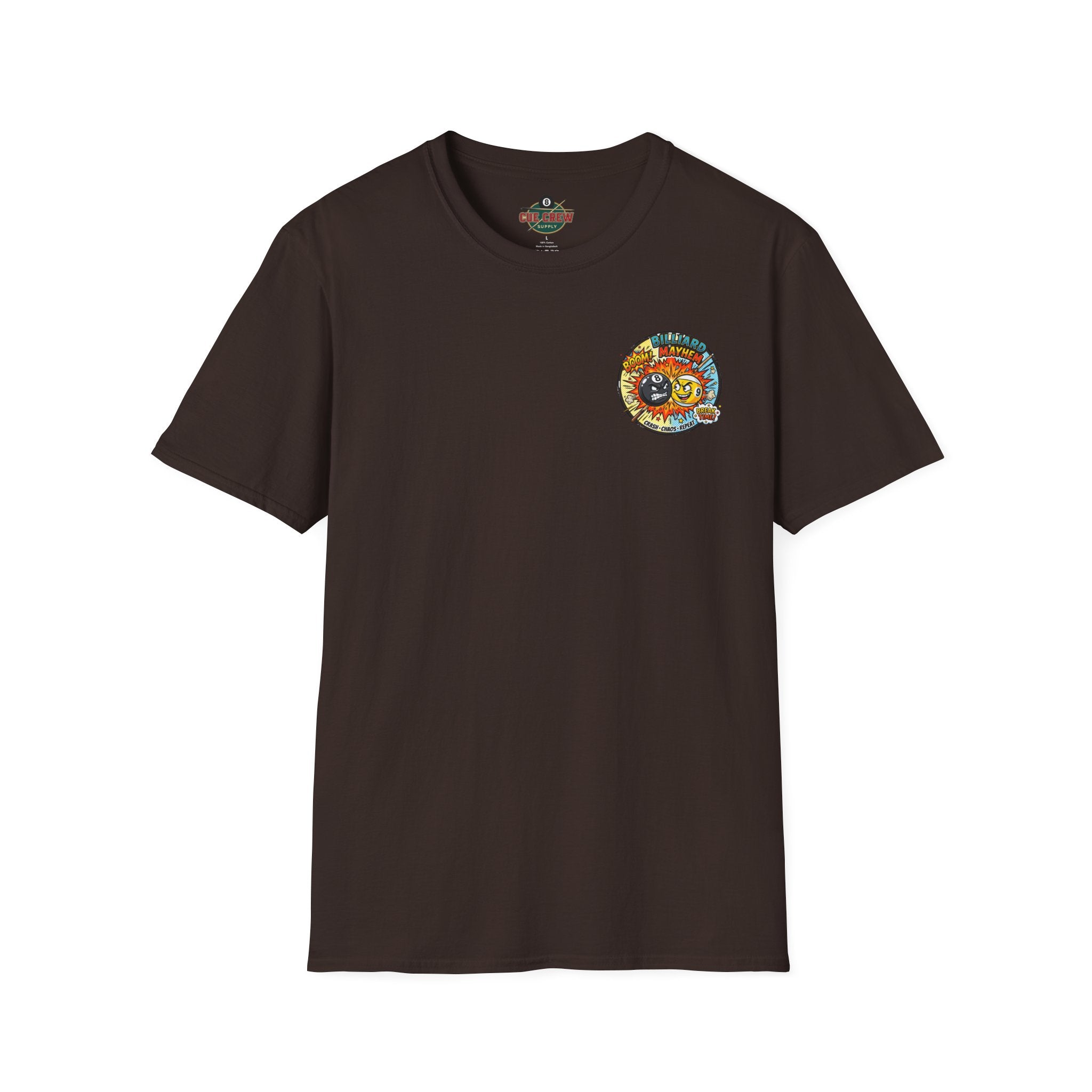 Billiard Mayhem Comic Pool Player T-Shirt | Boom! Break Time! Funny 8 Ball & 9 Ball Graphic Tee | Front & Back Print