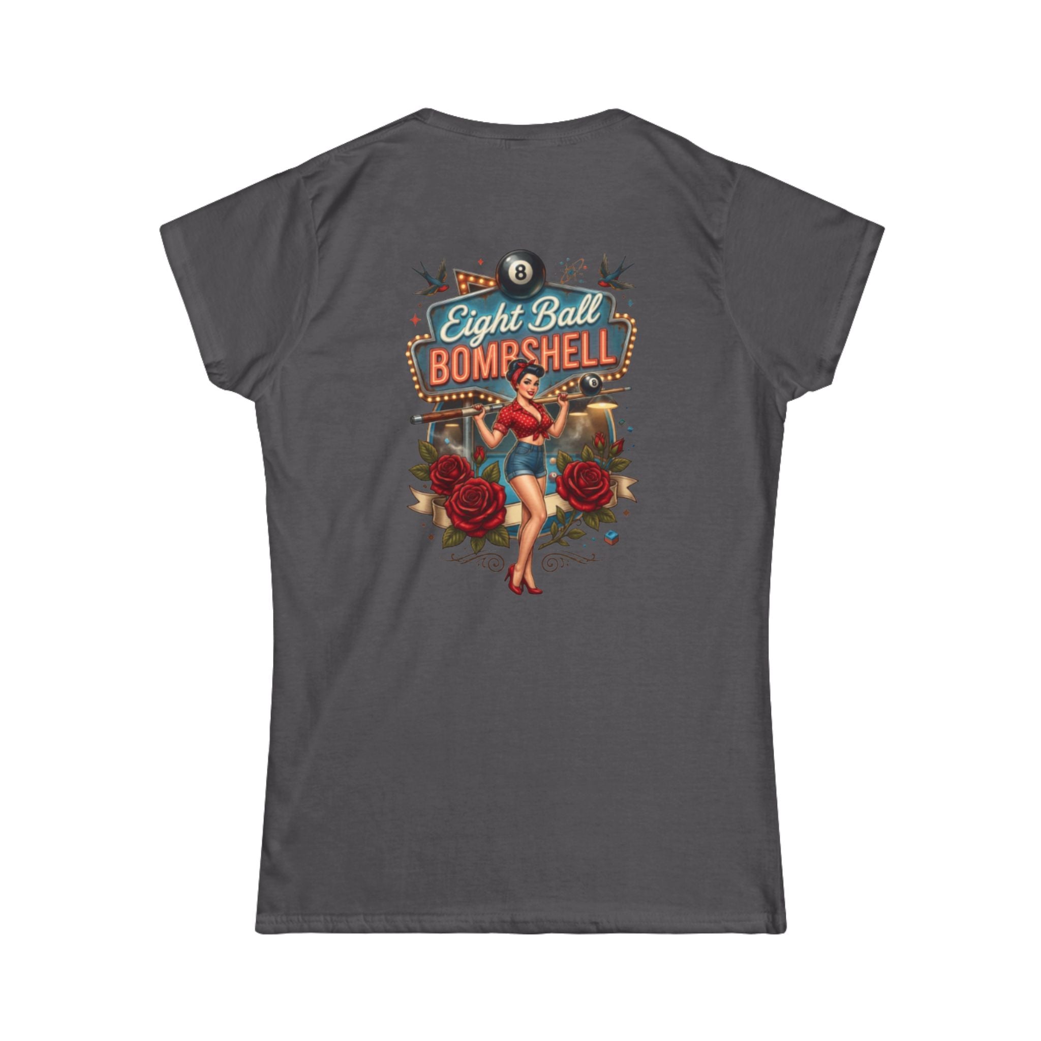 Eight Ball Bombshell V2 Women's Billiards T-Shirt | Retro Pin-Up Pool Player Graphic Tee | Front & Back Print