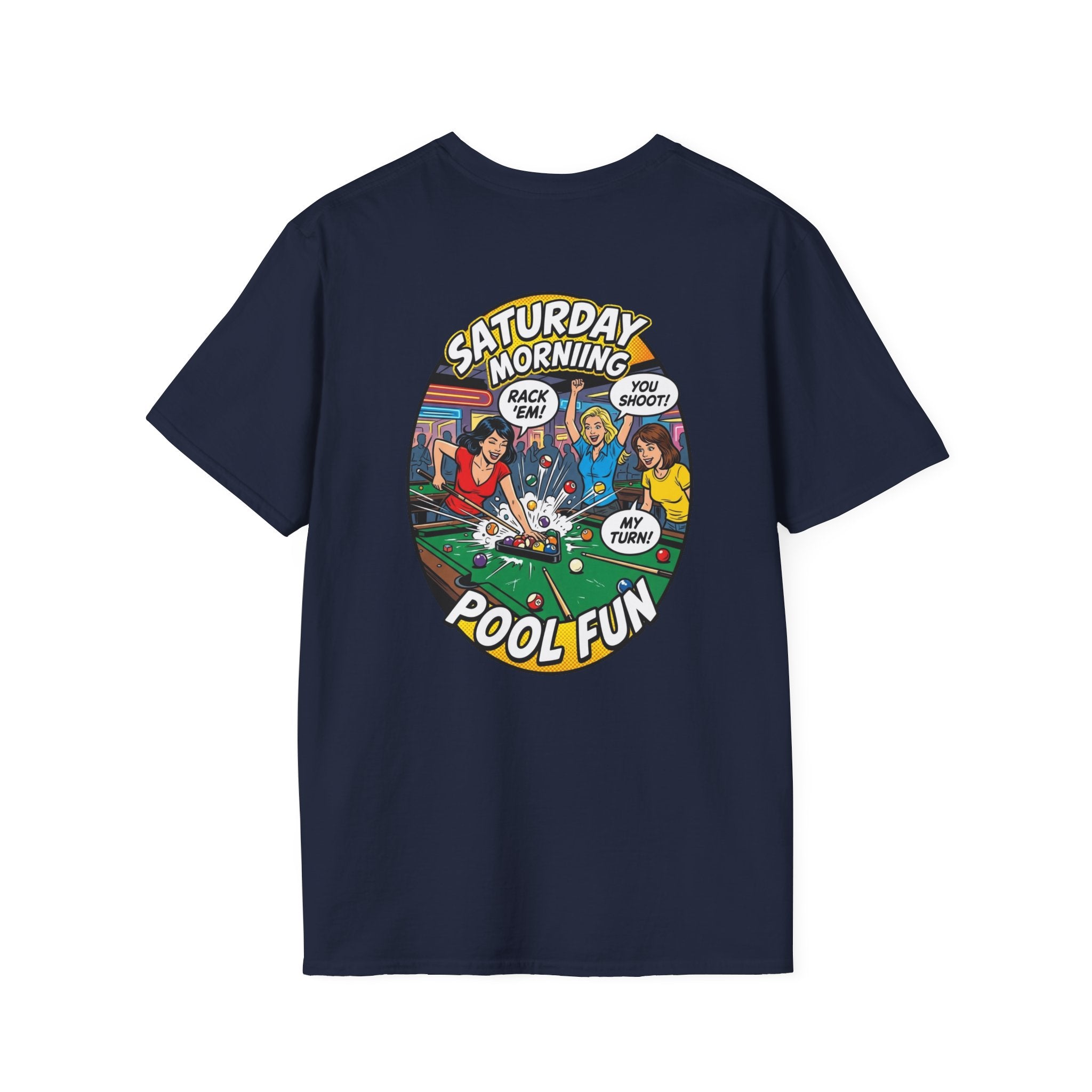 Saturday Morning Pool Fun Retro Comic Billiards T-Shirt | Funny Pool Player Graphic Tee | Front & Back Print