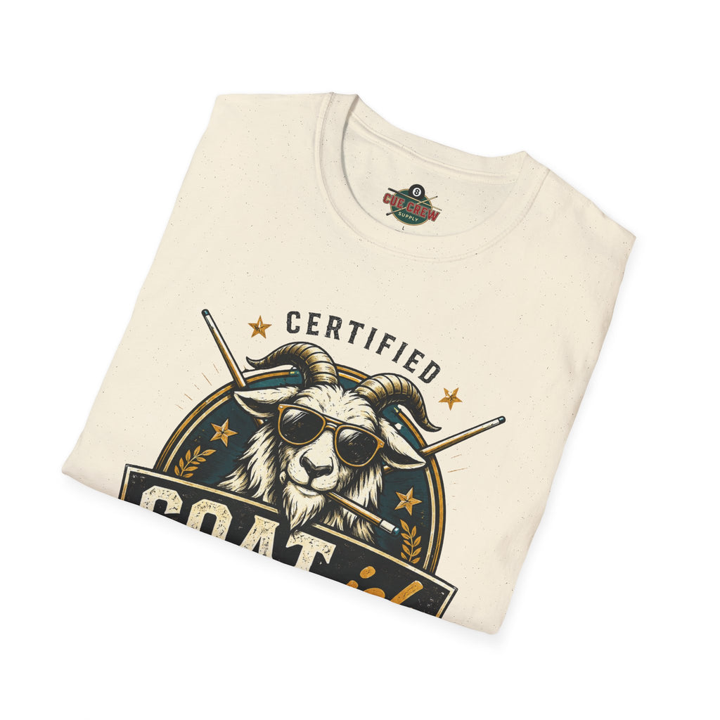 Certified GOAT-ish Funny Billiards T-Shirt | Pool Player Graphic Unisex Tee | 8 Ball Goat Design - Front Only