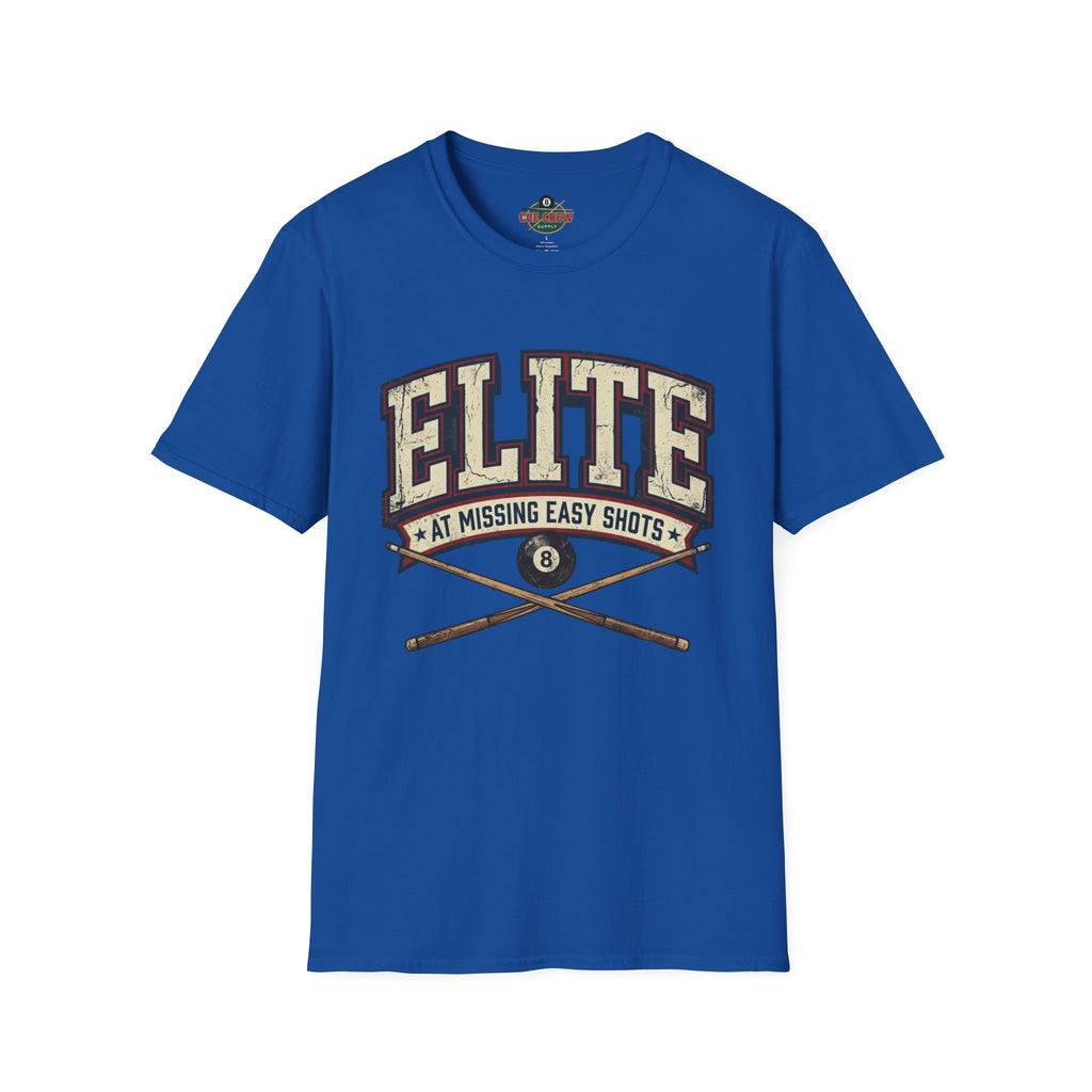 Elite at Missing Easy Shots V2 Funny Billiards T-Shirt | Vintage 8 Ball Pool Player Graphic Unisex Tee