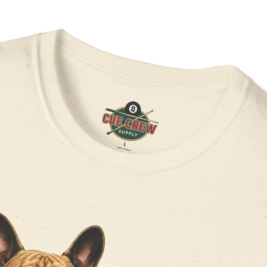 Rockin' French Bulldog Playing Cue Guitar Funny Billiards T-Shirt | Pool Dog Graphic Front Print Unisex Tee