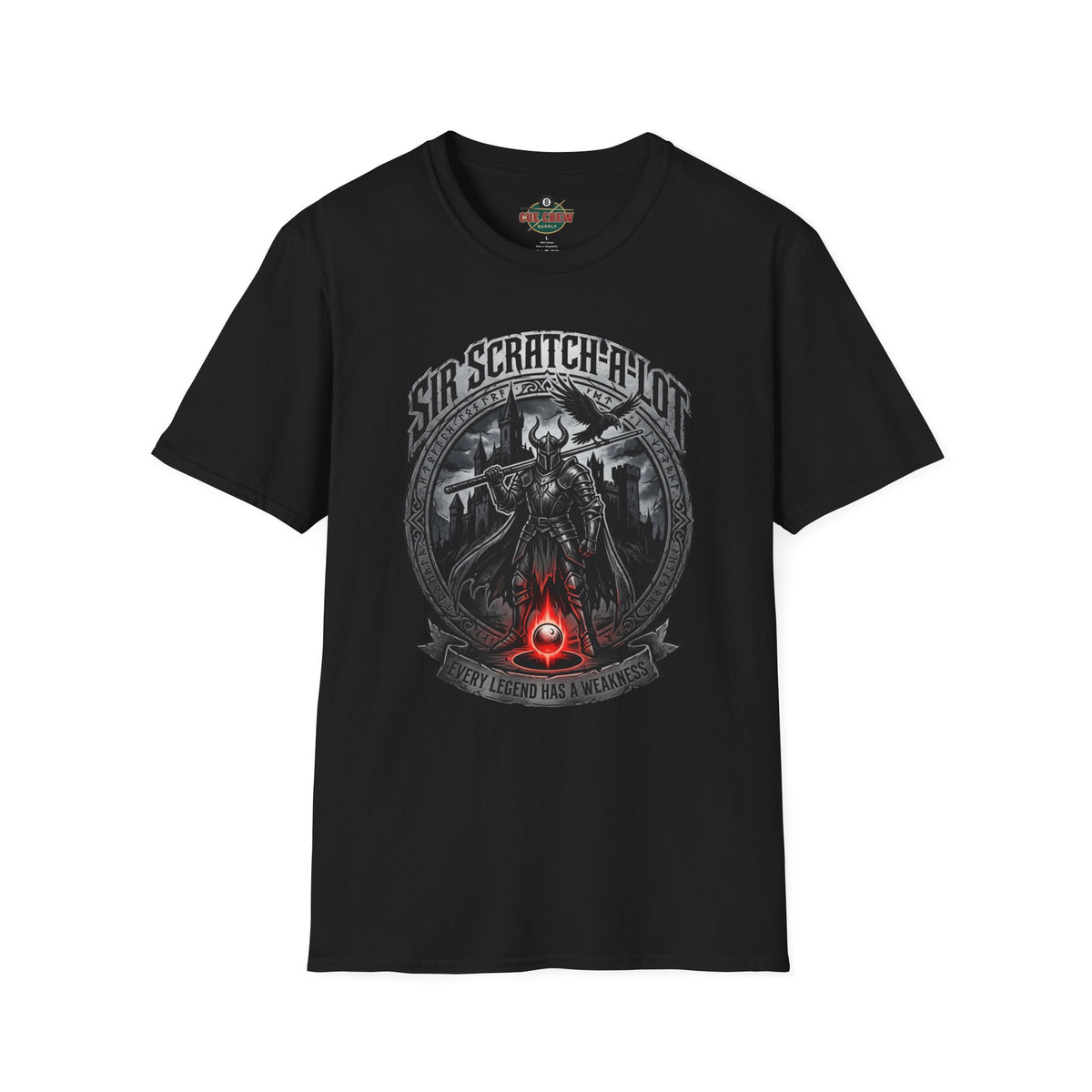 Sir Scratch-A-Lot Funny Billiards T-Shirt | Medieval Pool Knight Graphic | Front Only Print Unisex Tee
