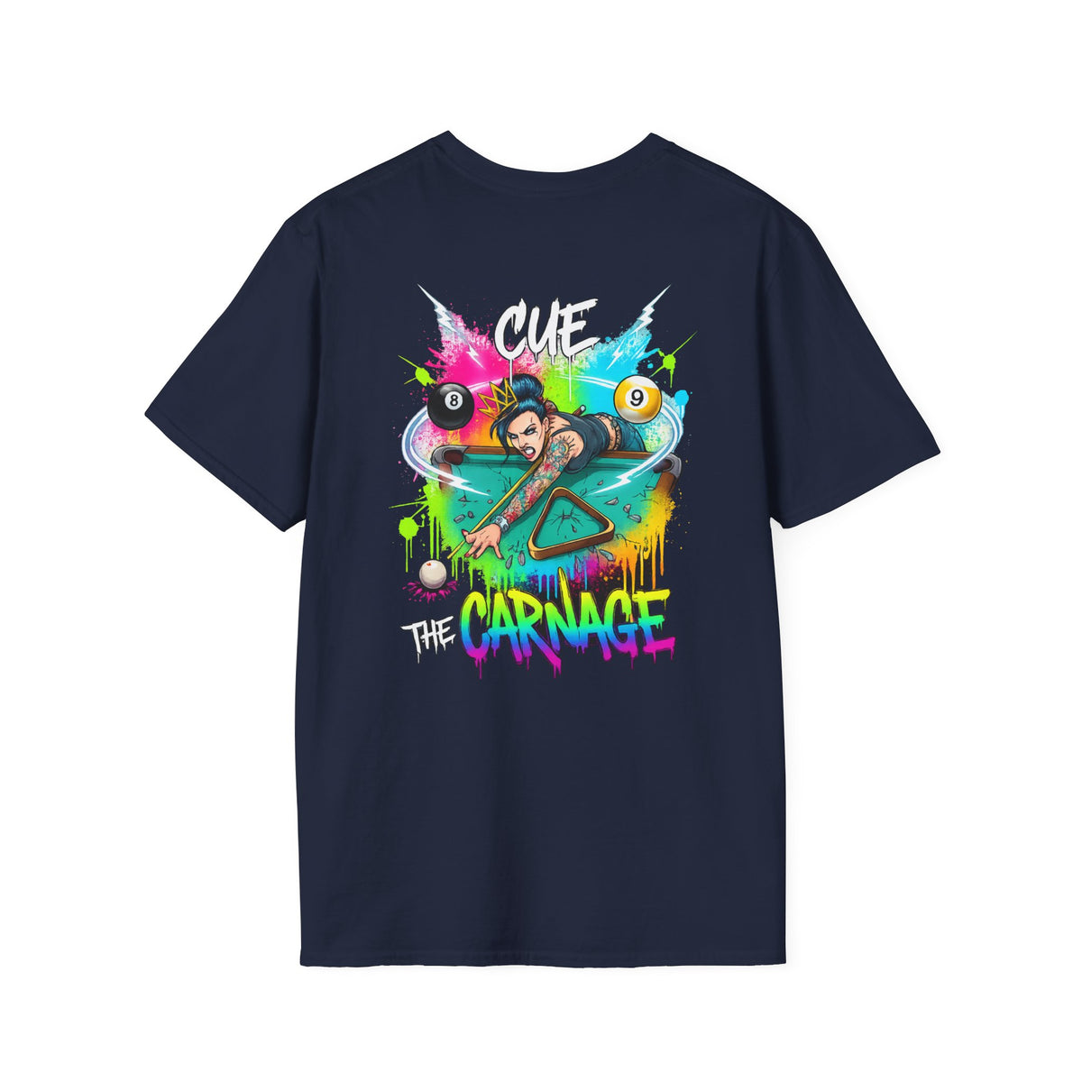 Cue the Carnage Funny Billiards T-Shirt – Tattooed Pool Shark Graphic Tee | Front & Back Print