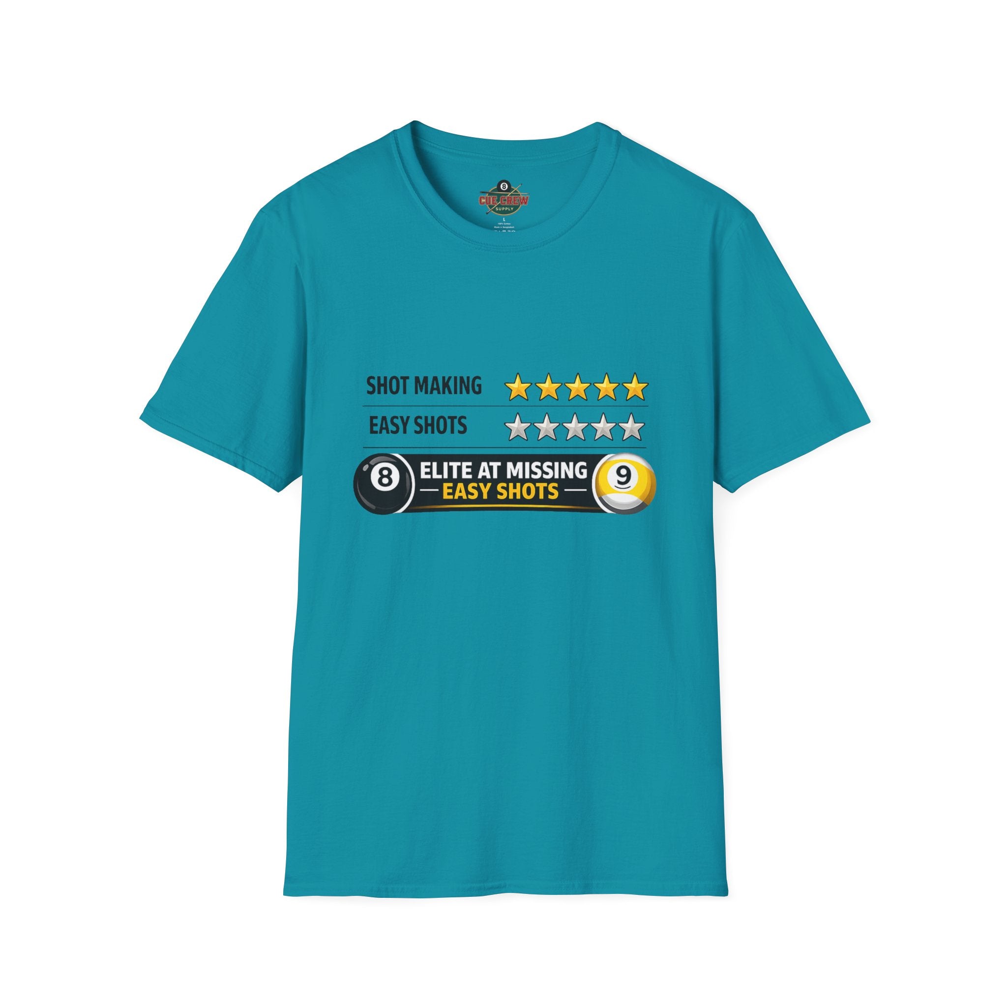 Elite At Missing Easy Shots Funny Billiards T-Shirt | 8 Ball & 9 Ball Graphic Unisex Tee | Front Print Only