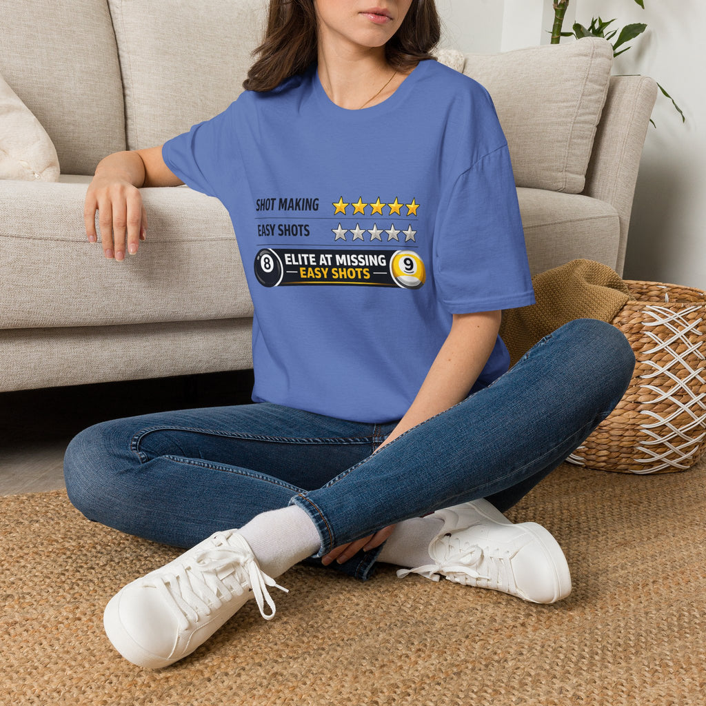 Elite At Missing Easy Shots Funny Billiards T-Shirt | 8 Ball & 9 Ball Graphic Unisex Tee | Front Print Only