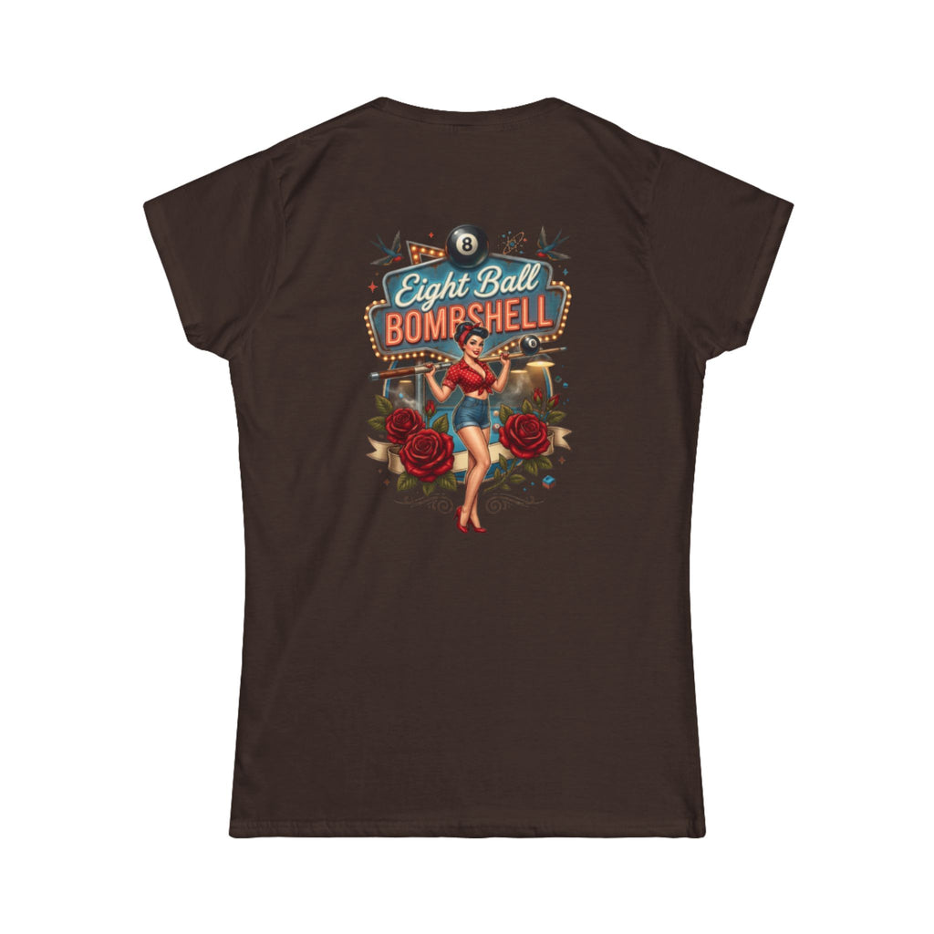 Eight Ball Bombshell V2 Women's Billiards T-Shirt | Retro Pin-Up Pool Player Graphic Tee | Front & Back Print
