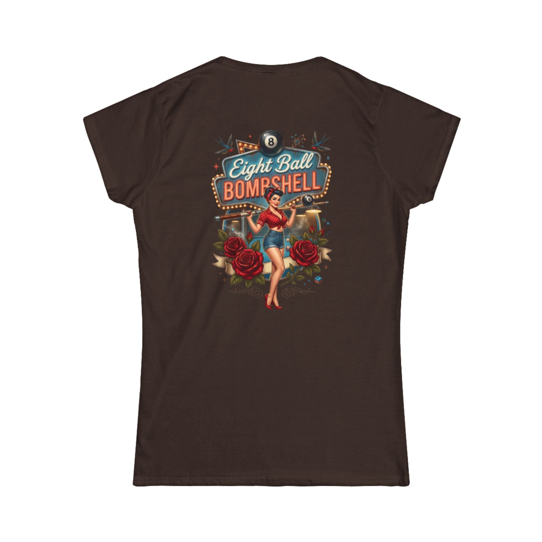 Eight Ball Bombshell V2 Women's Billiards T-Shirt | Retro Pin-Up Pool Player Graphic Tee | Front & Back Print