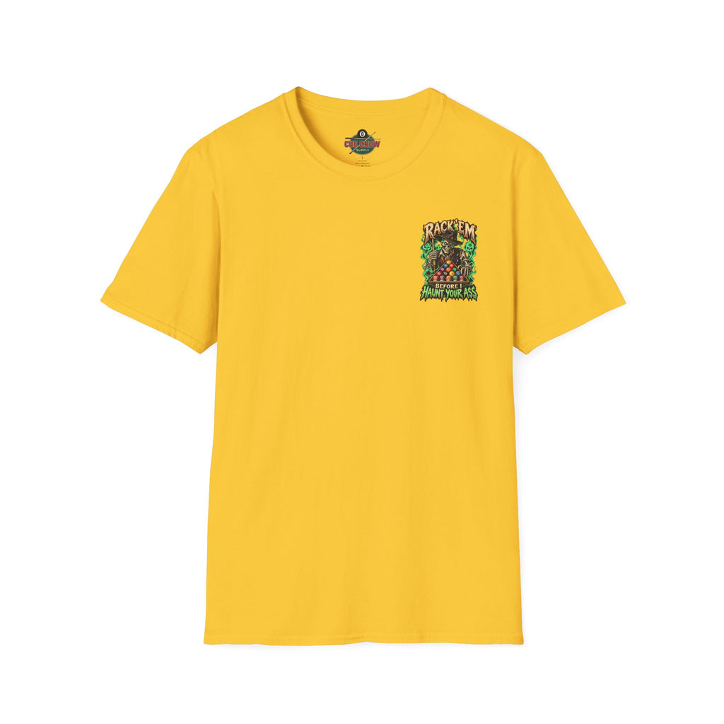 Rack ’Em Before I Haunt Your Ass – Halloween Billiards T-Shirt – Skeleton Pool Player Tee