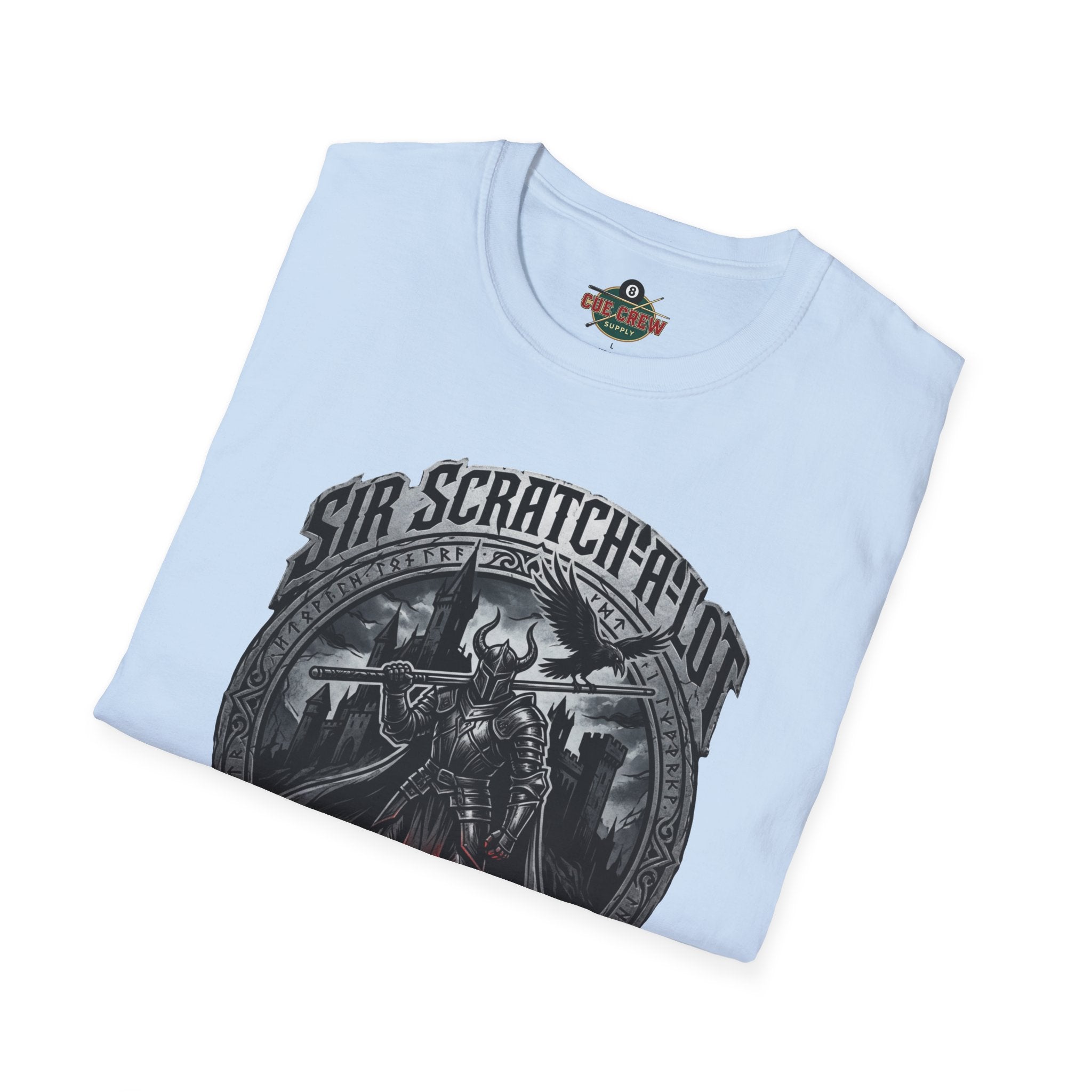Sir Scratch-A-Lot Funny Billiards T-Shirt | Medieval Pool Knight Graphic | Front Only Print Unisex Tee