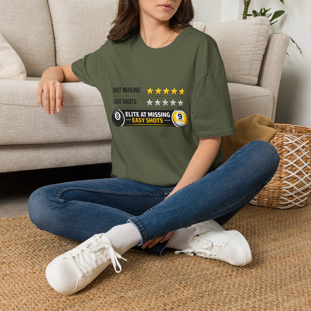 Elite At Missing Easy Shots Funny Billiards T-Shirt | 8 Ball & 9 Ball Graphic Unisex Tee | Front Print Only
