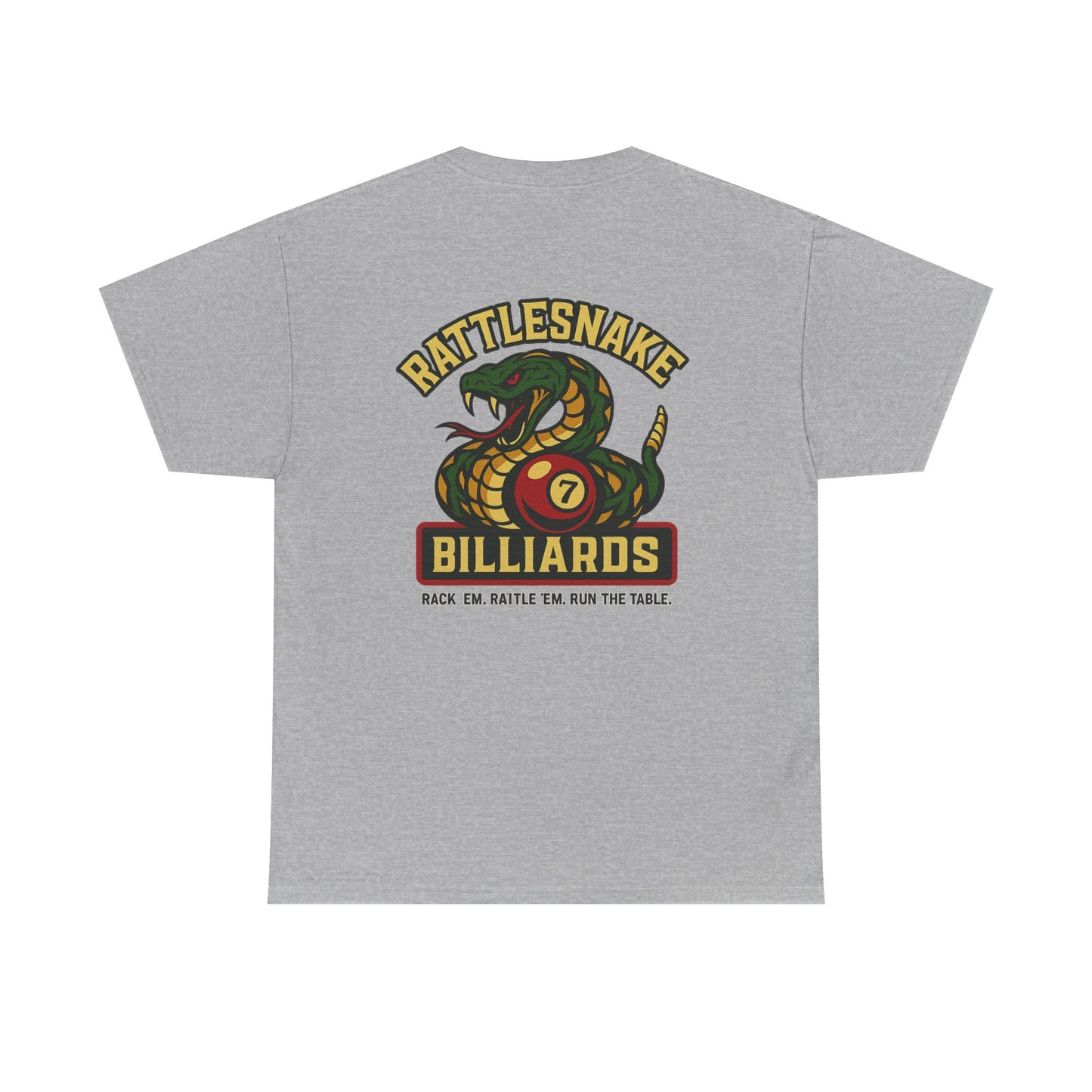 Rattlesnake Billiards - Rack 'Em, Rattle 'Em, Run The Table - Strike Hard, Play Bold Gildan Tee