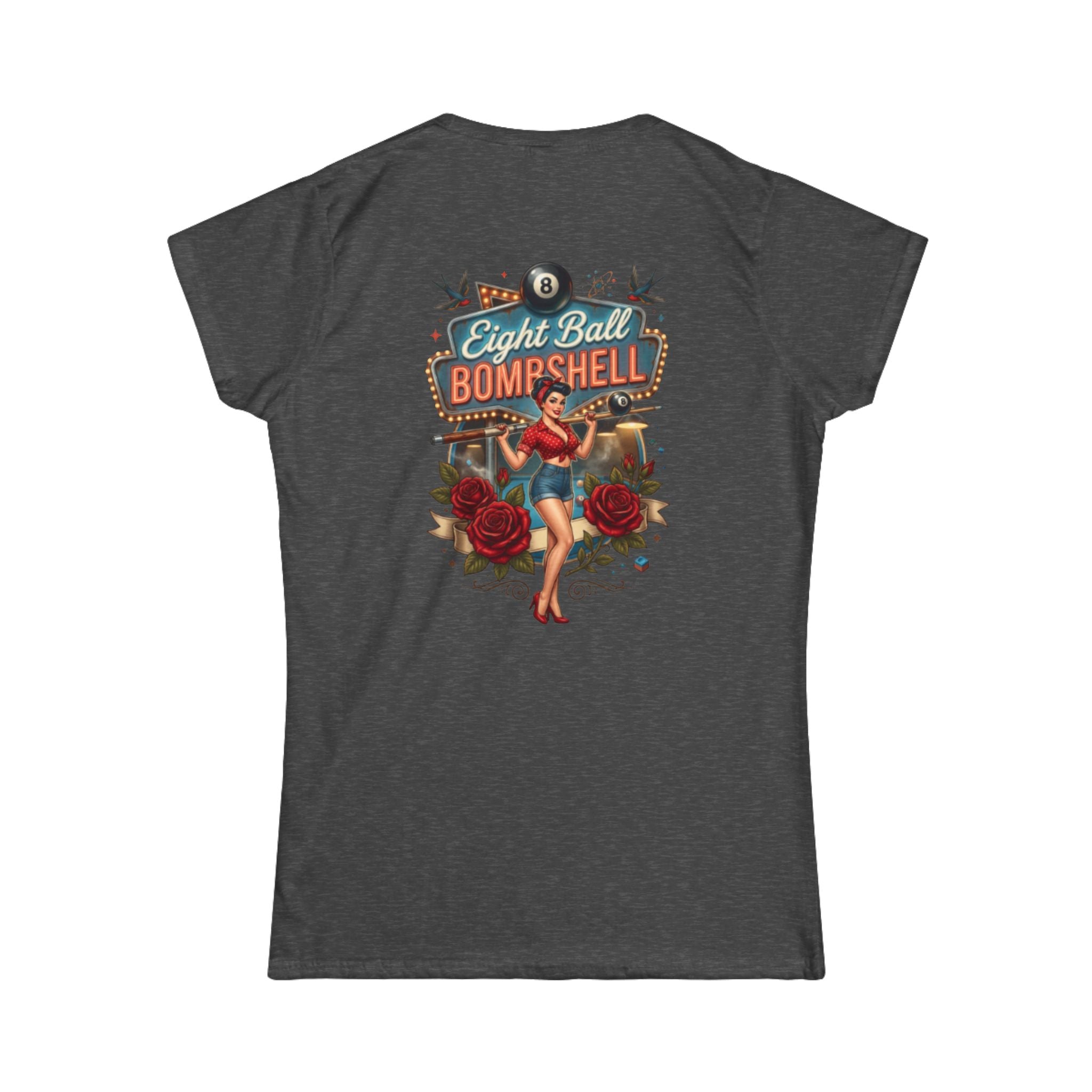 Eight Ball Bombshell V2 Women's Billiards T-Shirt | Retro Pin-Up Pool Player Graphic Tee | Front & Back Print