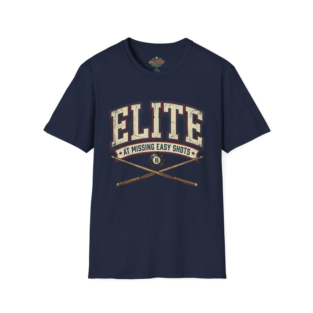 Elite at Missing Easy Shots V2 Funny Billiards T-Shirt | Vintage 8 Ball Pool Player Graphic Unisex Tee