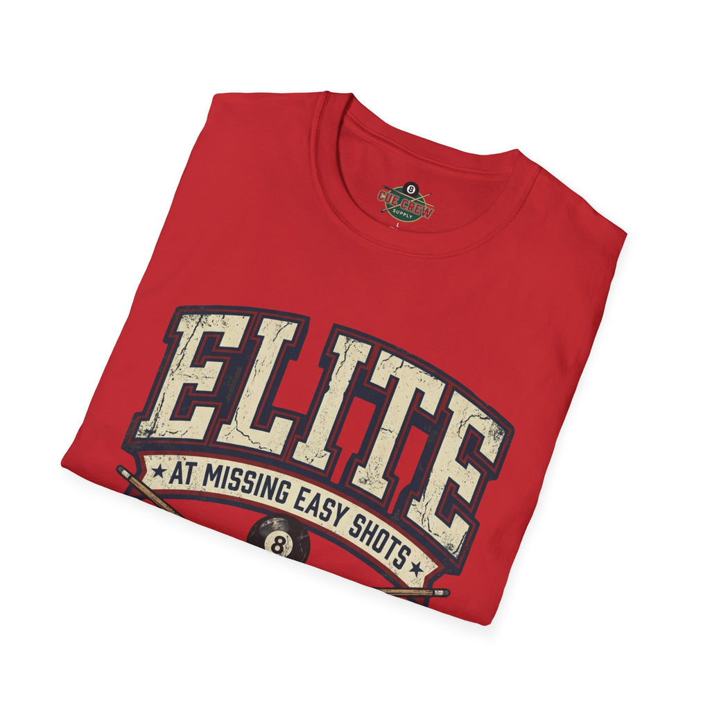 Elite at Missing Easy Shots V2 Funny Billiards T-Shirt | Vintage 8 Ball Pool Player Graphic Unisex Tee