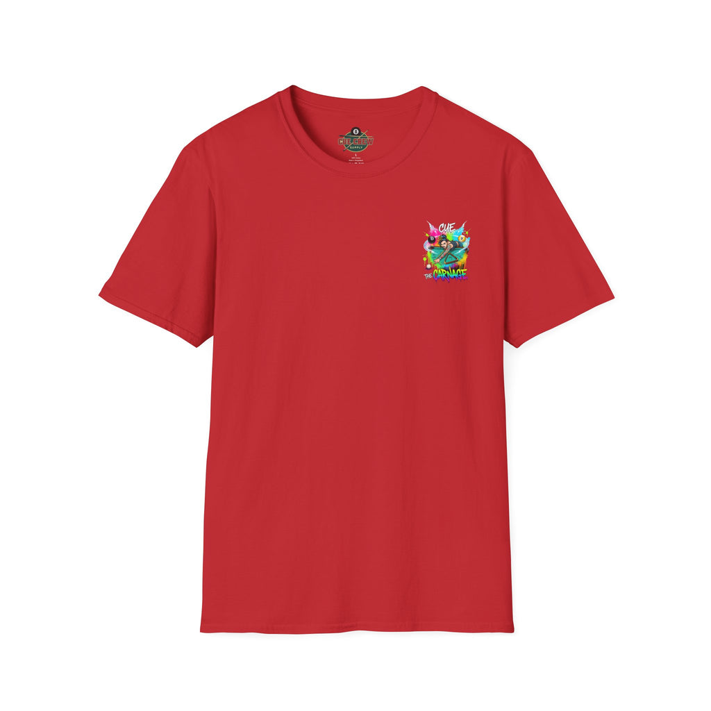 Cue the Carnage Funny Billiards T-Shirt – Tattooed Pool Shark Graphic Tee | Front & Back Print
