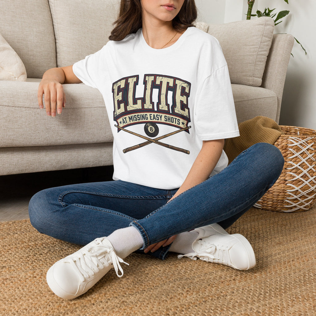 Elite at Missing Easy Shots V2 Funny Billiards T-Shirt | Vintage 8 Ball Pool Player Graphic Unisex Tee