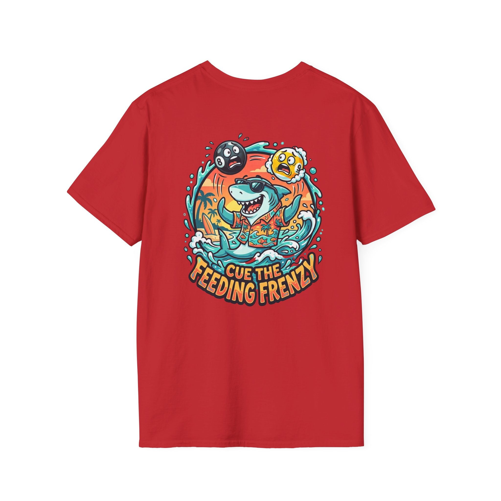 Cue the Feeding Frenzy Shark Billiards T-Shirt | Tropical Pool Player Graphic Tee | Front & Back Print