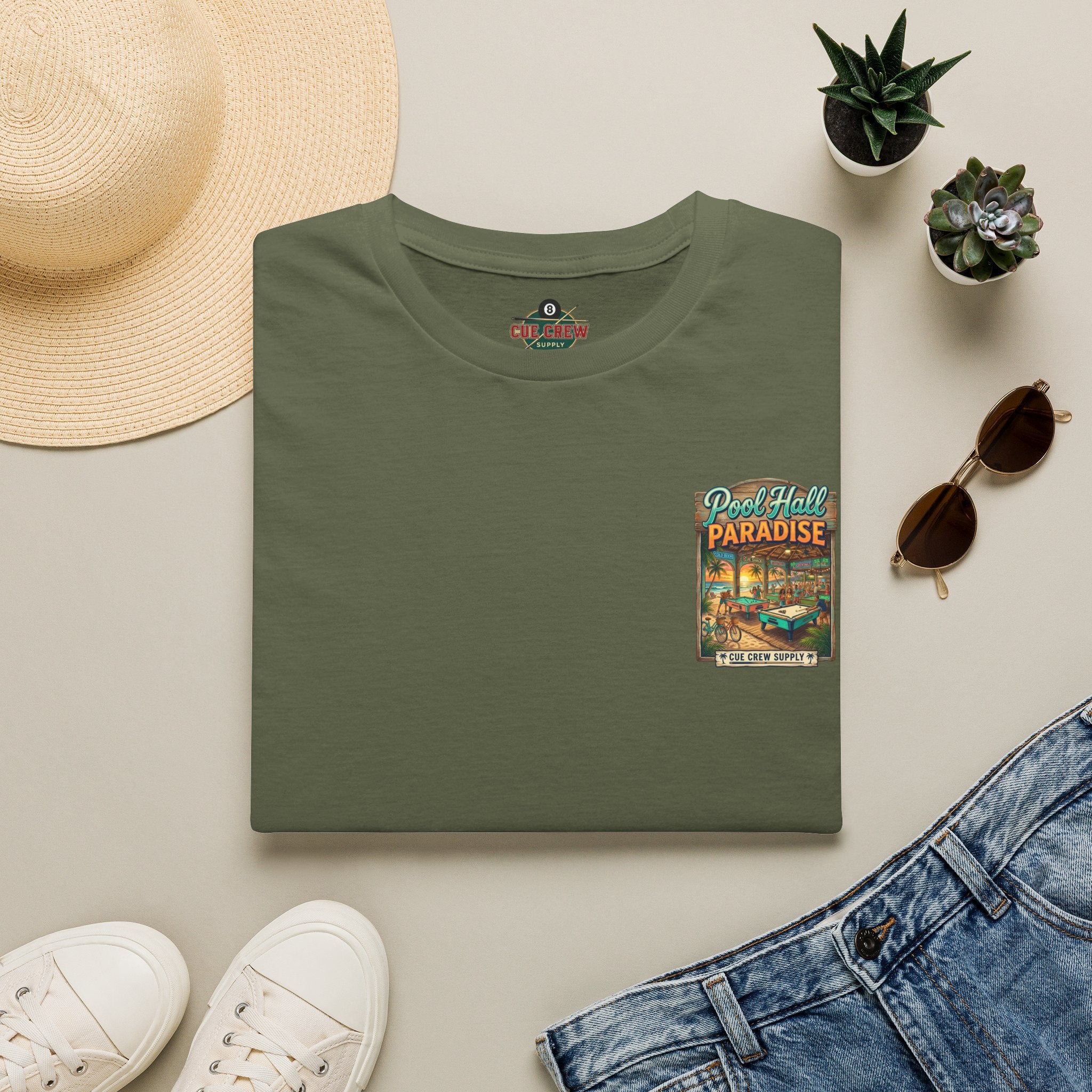 Pool Hall Paradise Tropical Billiards T-Shirt | Beach Bar Pool Player Graphic Tee | Front & Back Print