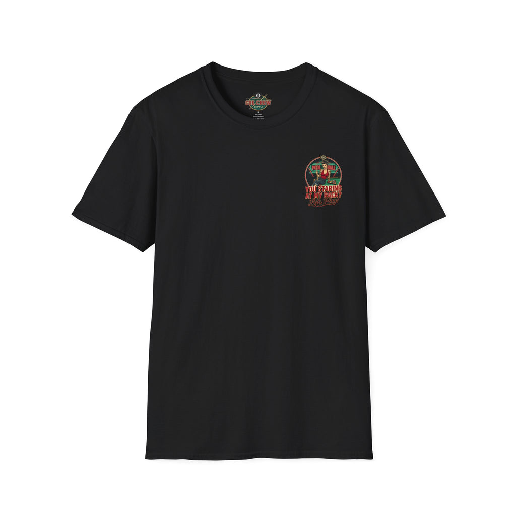 You Staring at My Rack? Let's Play! Funny Billiards T-Shirt | Retro Pool Hall Pin-Up Graphic Tee | Front & Back Print