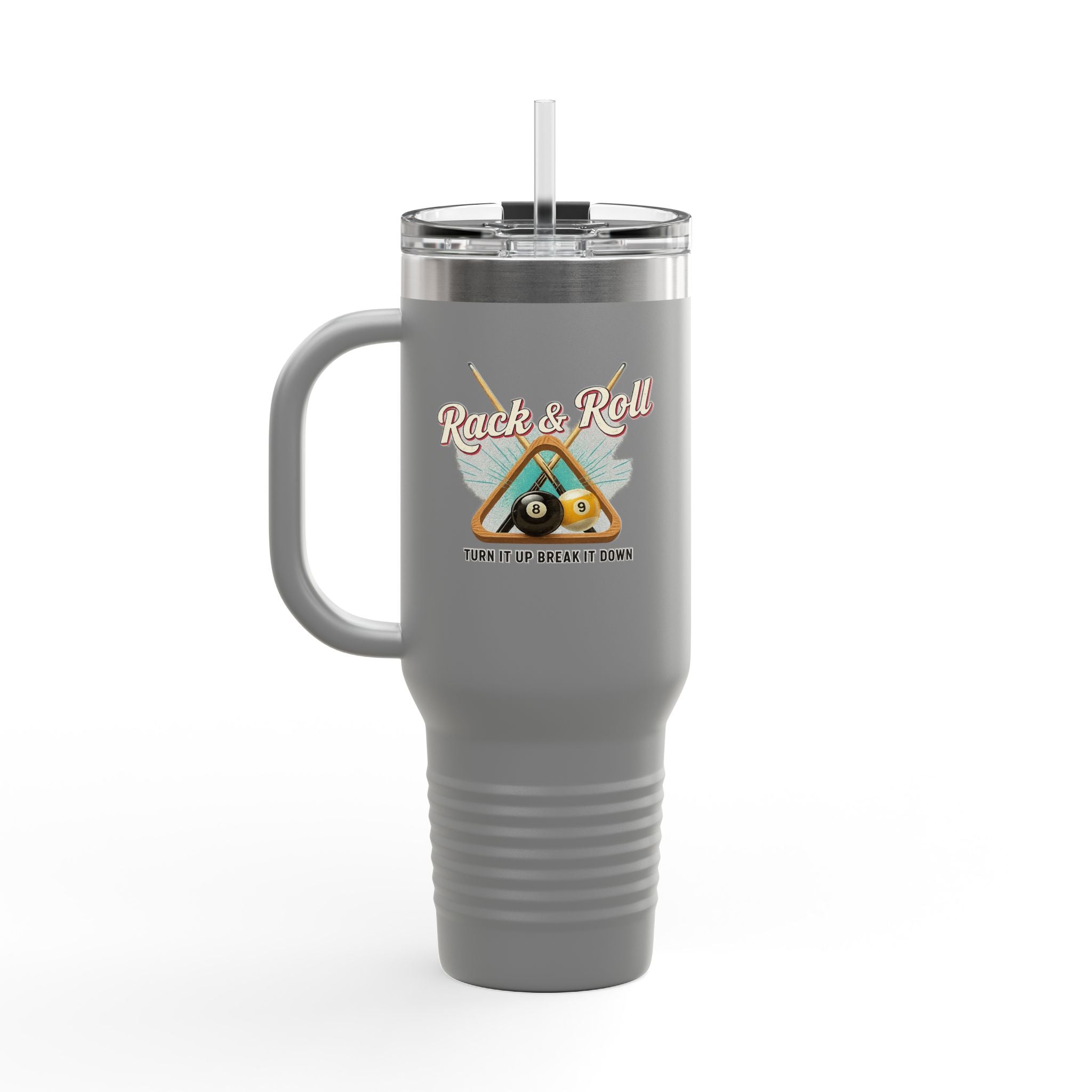 Rack & Roll v2 40oz Insulated Travel Mug – Pool Cue Billiards Design,
