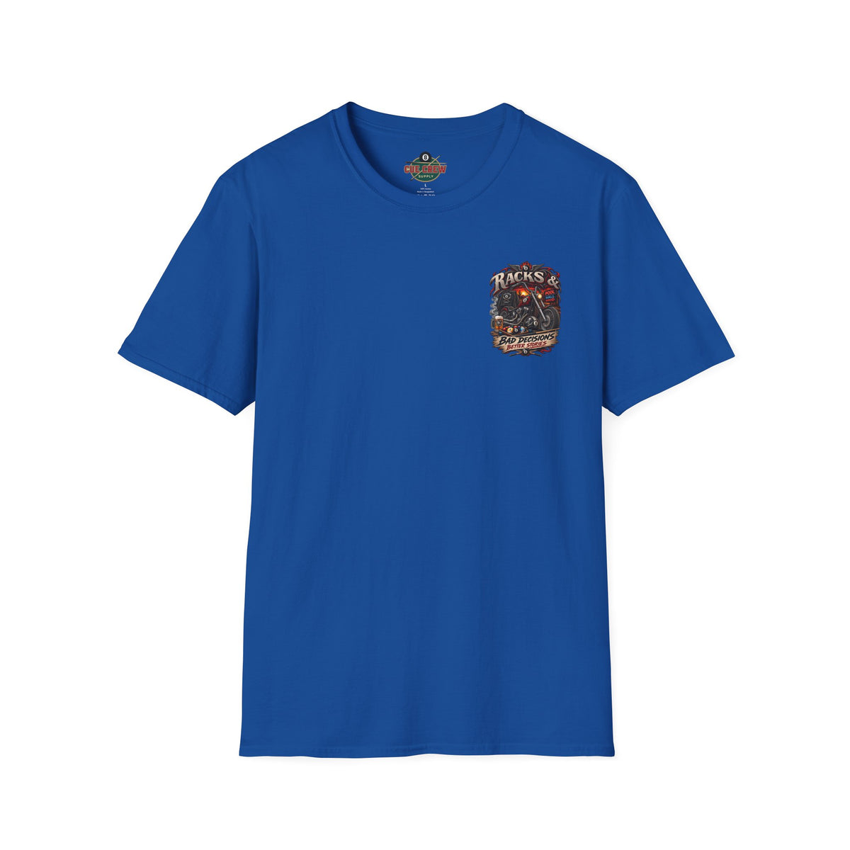 Racks & Bad Decisions Better Stories – Biker Billiards T-Shirt – Front & Back Pool Tee