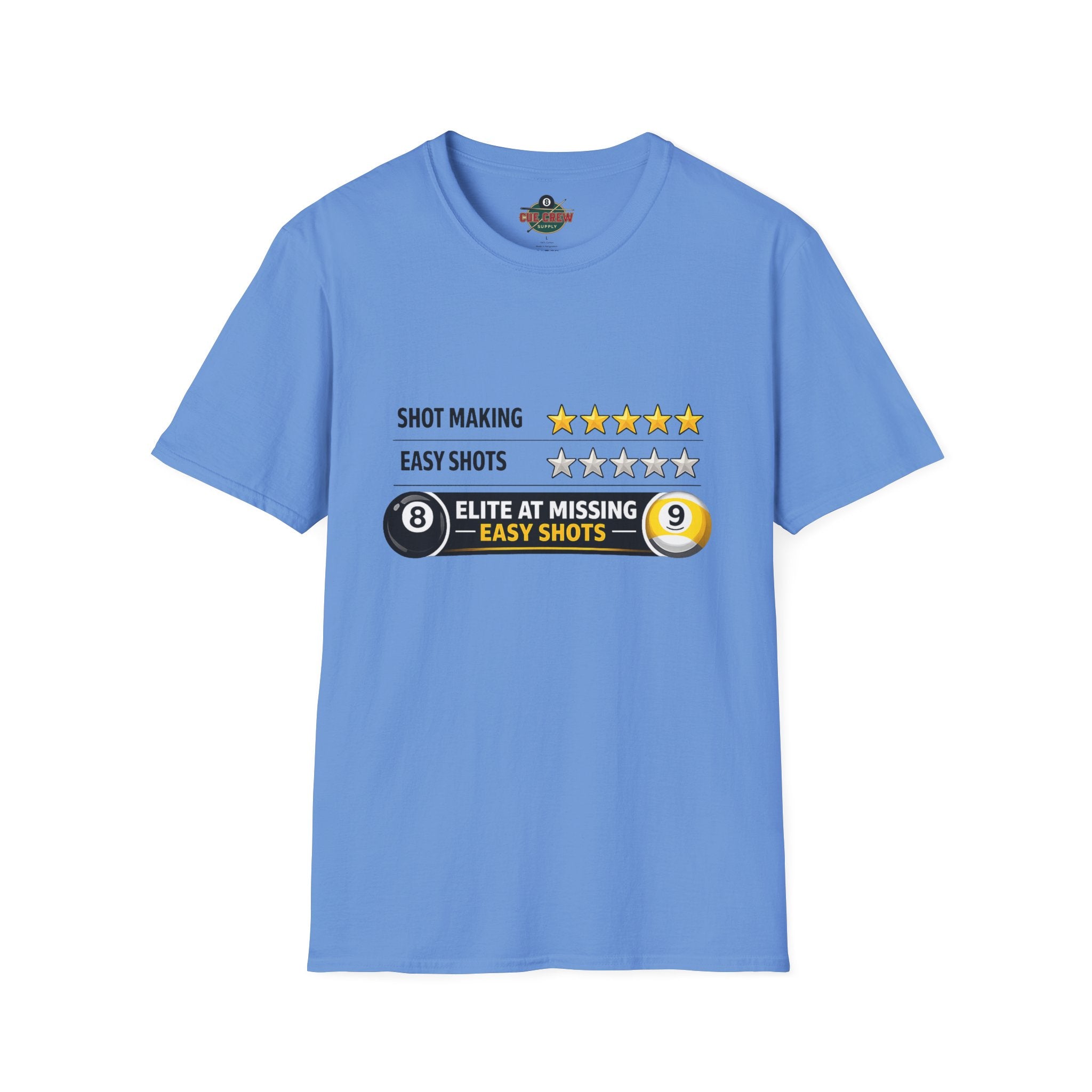 Elite At Missing Easy Shots Funny Billiards T-Shirt | 8 Ball & 9 Ball Graphic Unisex Tee | Front Print Only