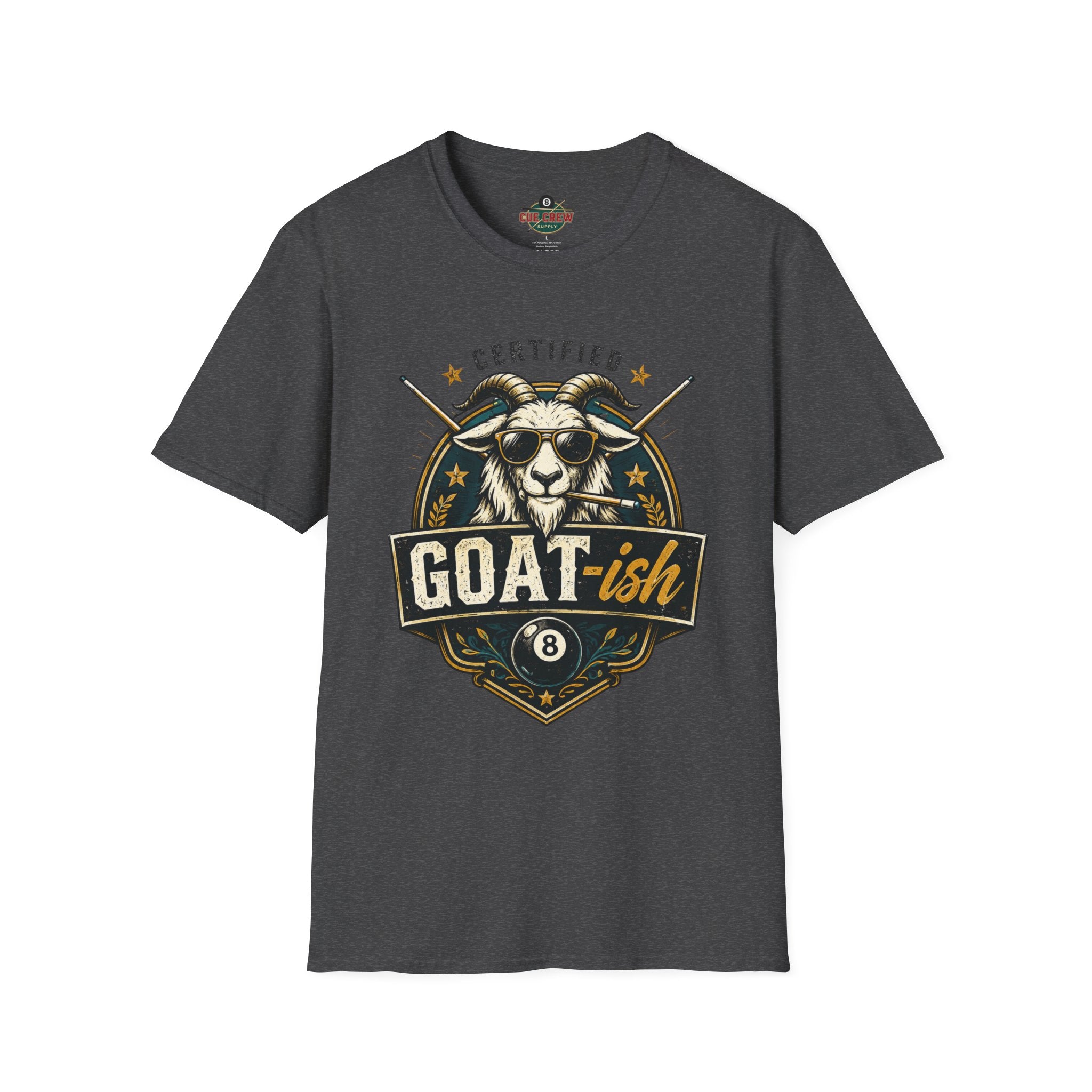 Certified GOAT-ish Funny Billiards T-Shirt | Pool Player Graphic Unisex Tee | 8 Ball Goat Design - Front Only