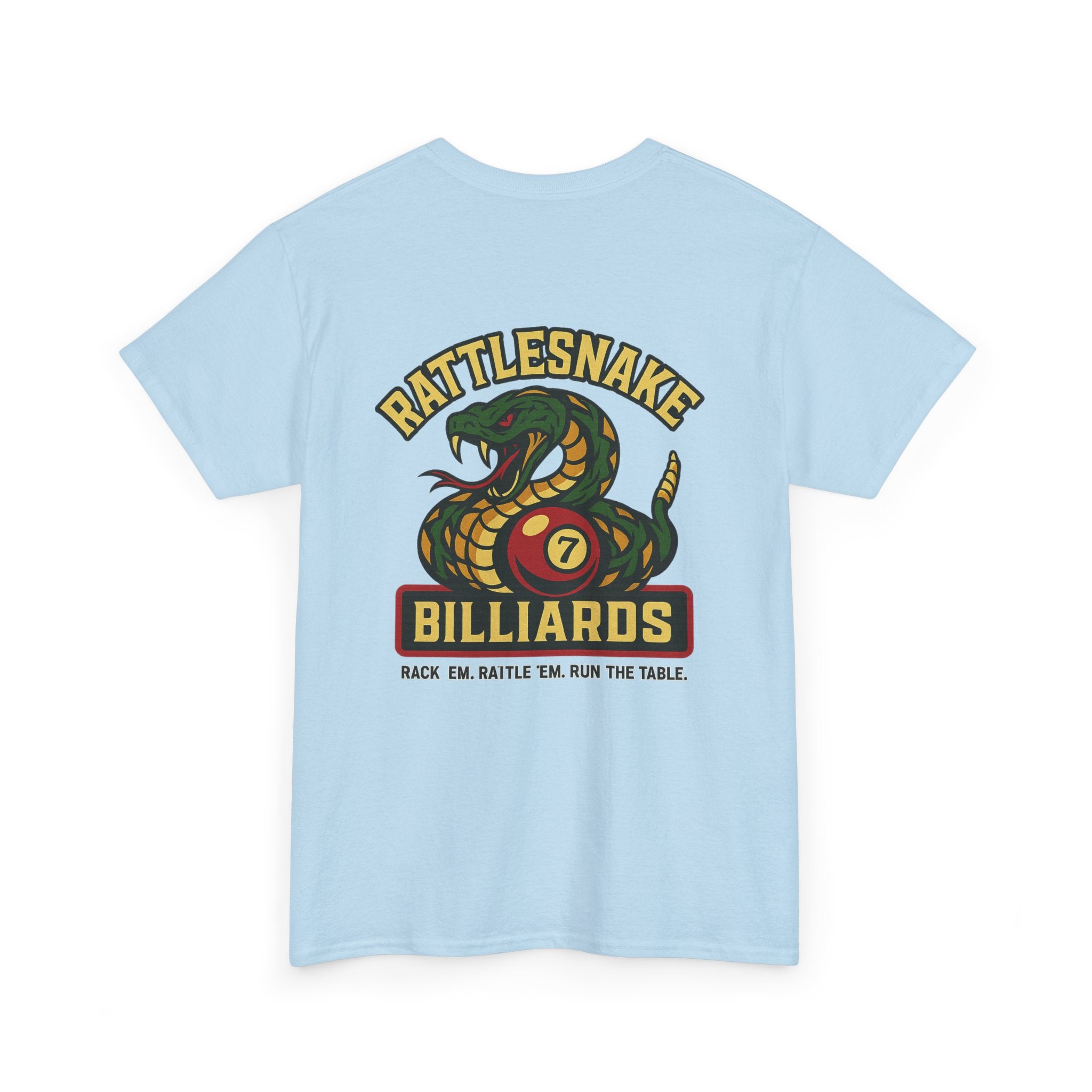 Rattlesnake Billiards - Rack 'Em, Rattle 'Em, Run The Table - Strike Hard, Play Bold Tee