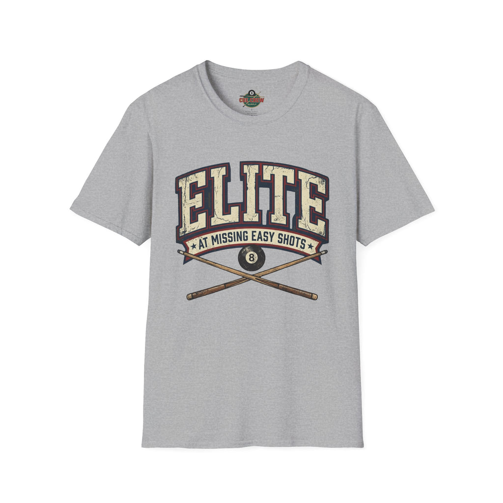 Elite at Missing Easy Shots V2 Funny Billiards T-Shirt | Vintage 8 Ball Pool Player Graphic Unisex Tee