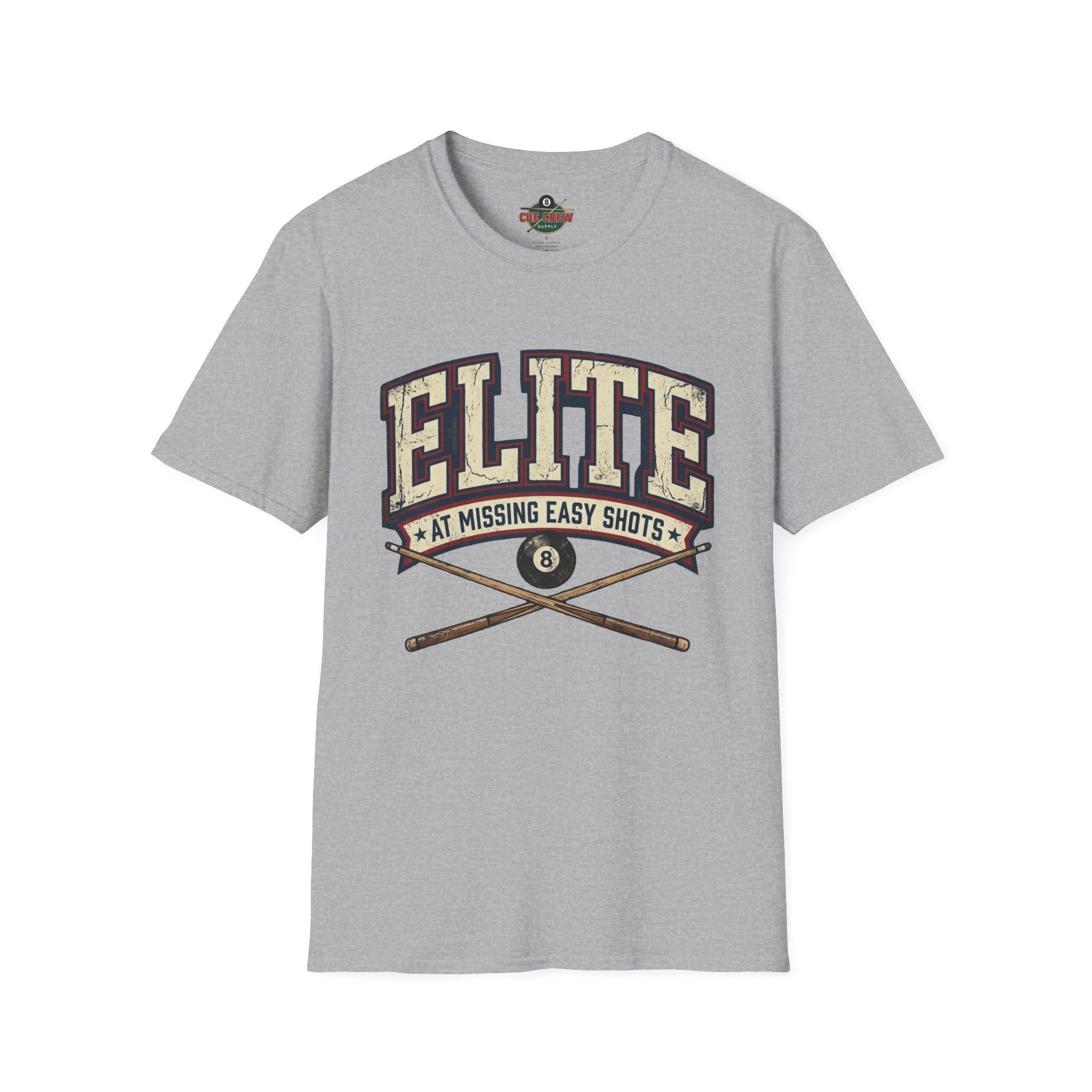 Elite at Missing Easy Shots V2 Funny Billiards T-Shirt | Vintage 8 Ball Pool Player Graphic Unisex Tee