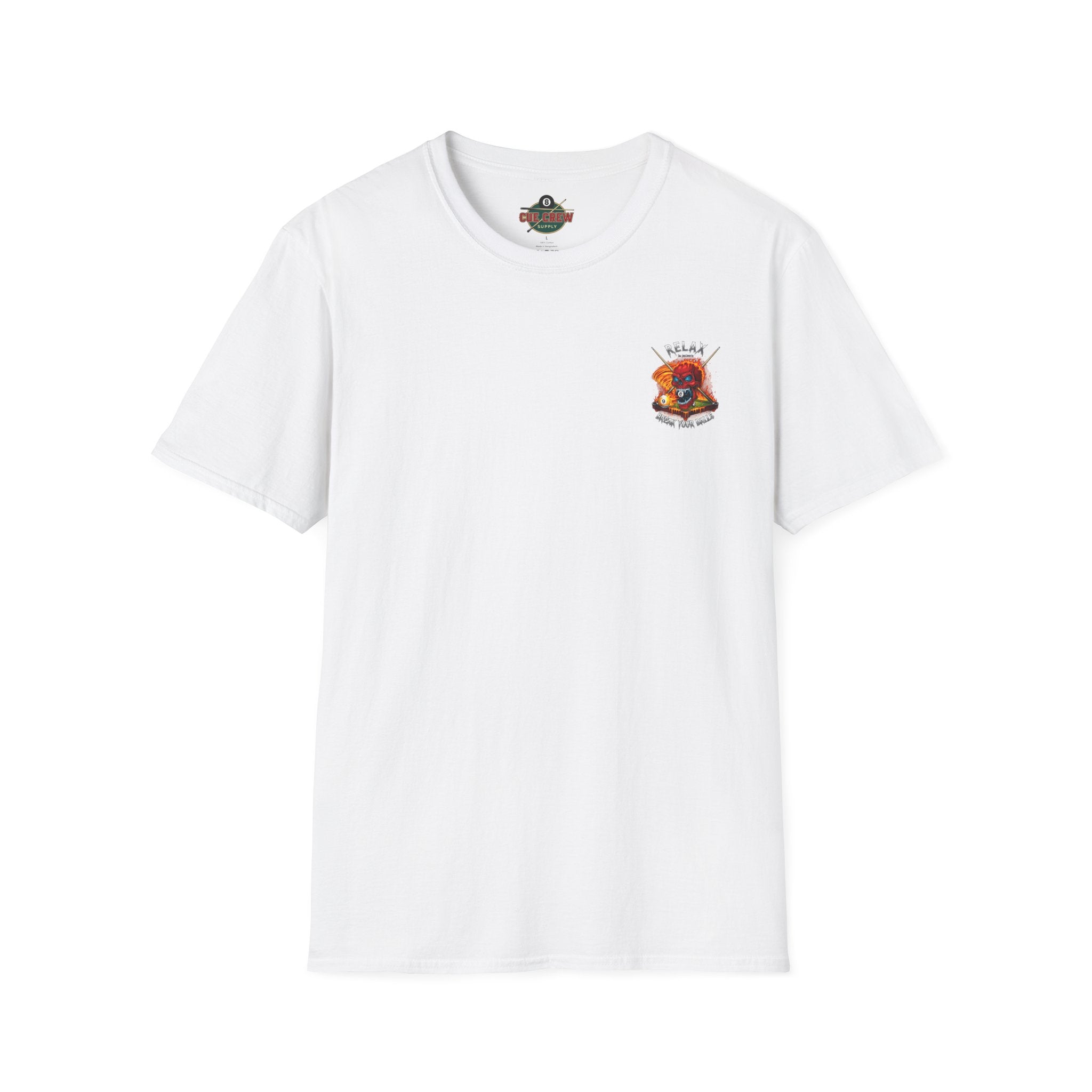 Relax... I'm Just Here to Break Your Balls Funny Billiards T-Shirt | Flaming Skull Pool Player Graphic Tee | Front & Back Print