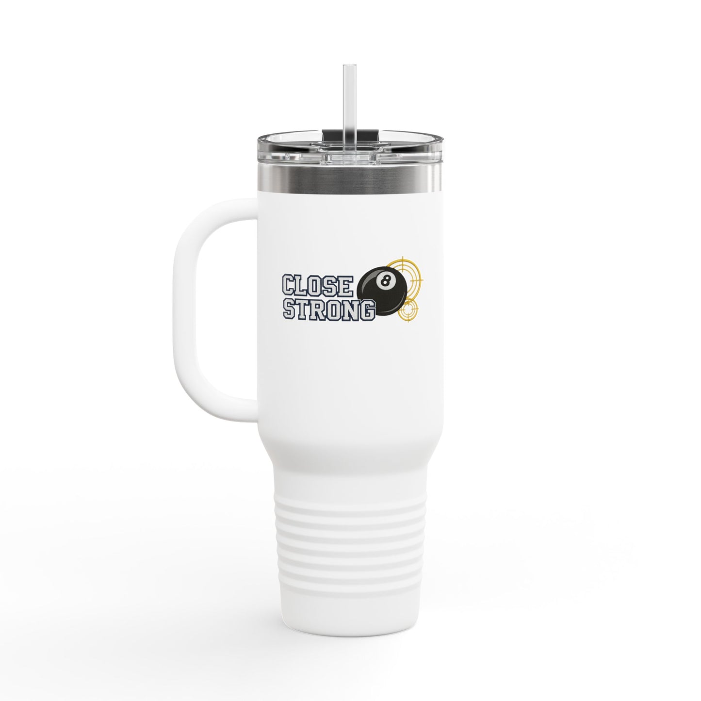 Close Strong 8-Ball Billiards 40oz Insulated Travel Mug