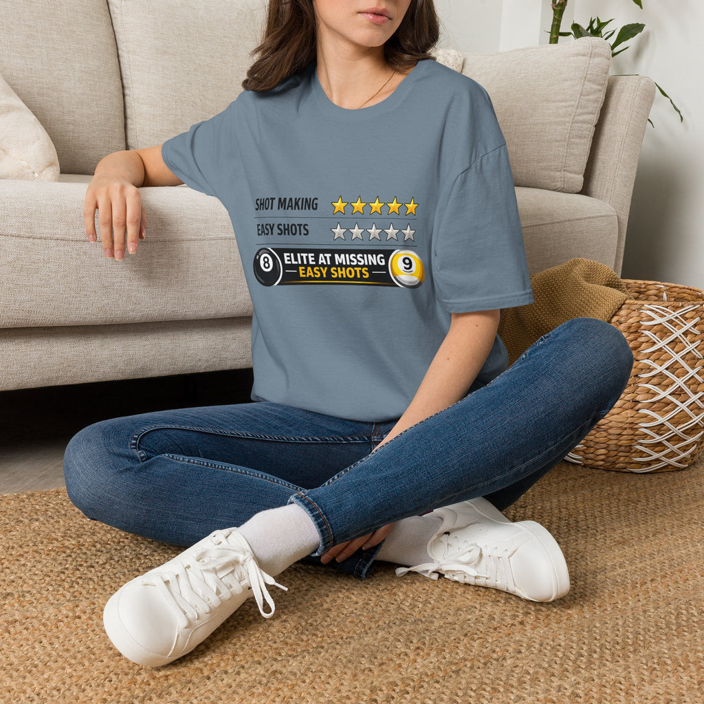 Elite At Missing Easy Shots Funny Billiards T-Shirt | 8 Ball & 9 Ball Graphic Unisex Tee | Front Print Only