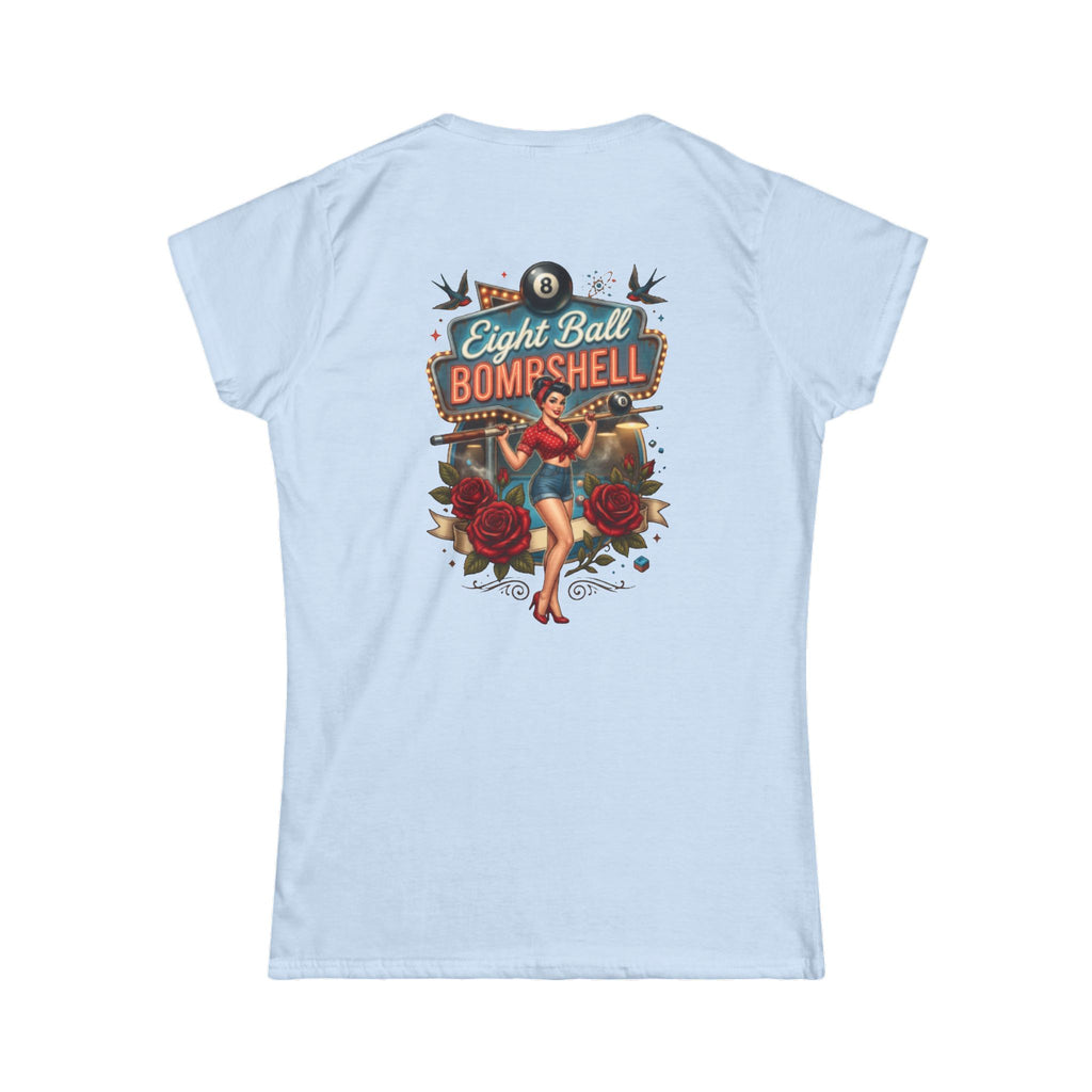 Eight Ball Bombshell V2 Women's Billiards T-Shirt | Retro Pin-Up Pool Player Graphic Tee | Front & Back Print