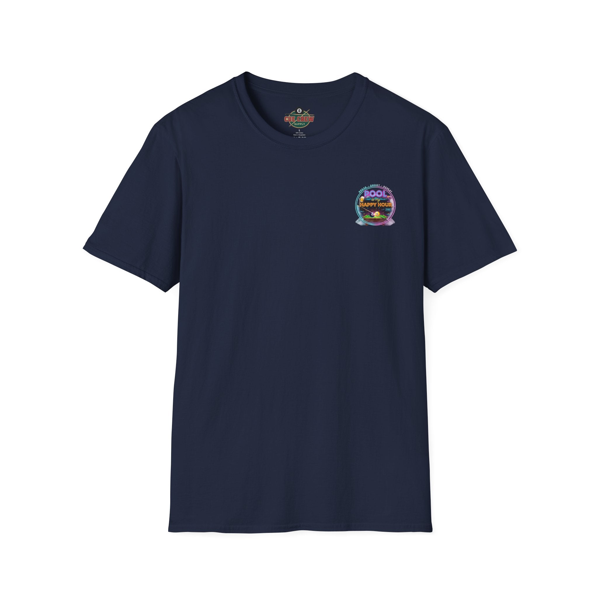 Pool Is My Happy Hour Funny Billiards T-Shirt | Neon Pool Hall Graphic Tee | Front & Back Print