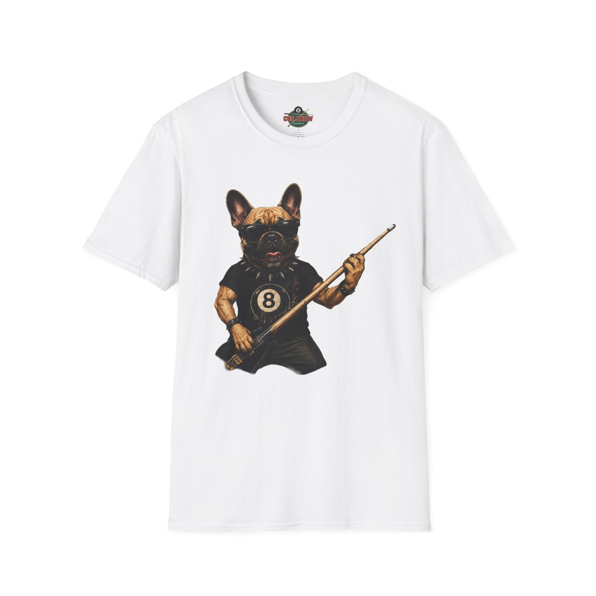Rockin' French Bulldog Playing Cue Guitar Funny Billiards T-Shirt | Pool Dog Graphic Front Print Unisex Tee