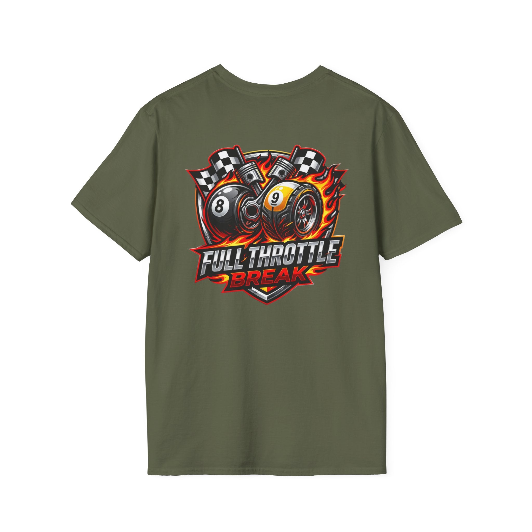 Full Throttle Break Billiards T-Shirt | Racing Inspired 8 Ball & 9 Ball Pool Player Graphic Tee | Front & Back Print