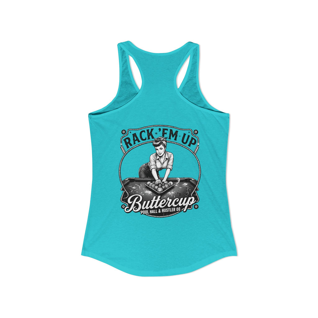 Rack 'Em Up Buttercup Women's Racerback Tank Top | Vintage Pool Hall Billiards Graphic Tank | Cue Crew Supply