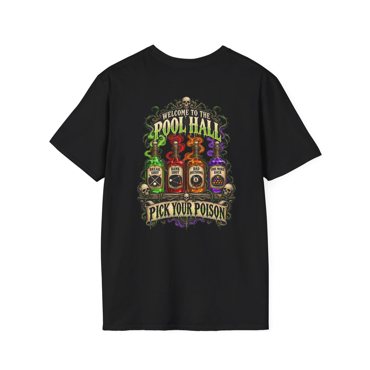 Pick Your Poison – Halloween Billiards T-Shirt – Front & Back Pool Tee | CCS-HST-003